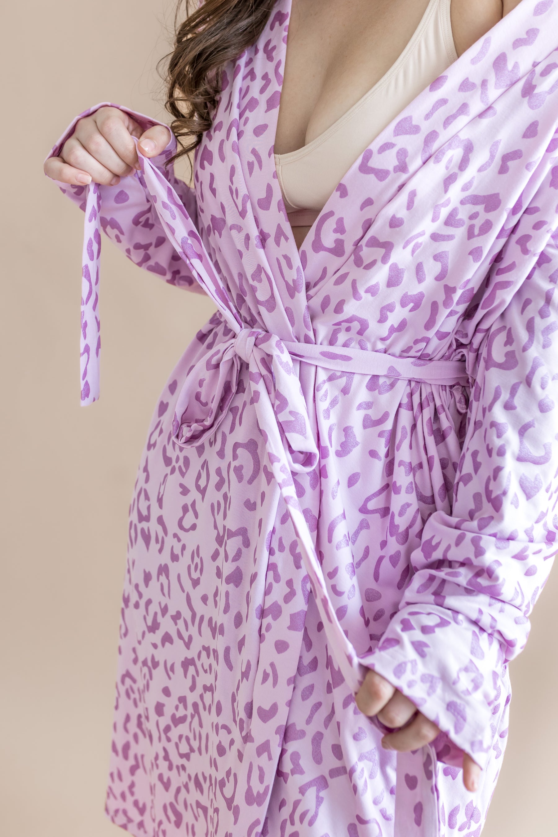 Women's lounge robe in Thistle Leopard print with a belt on a beige background