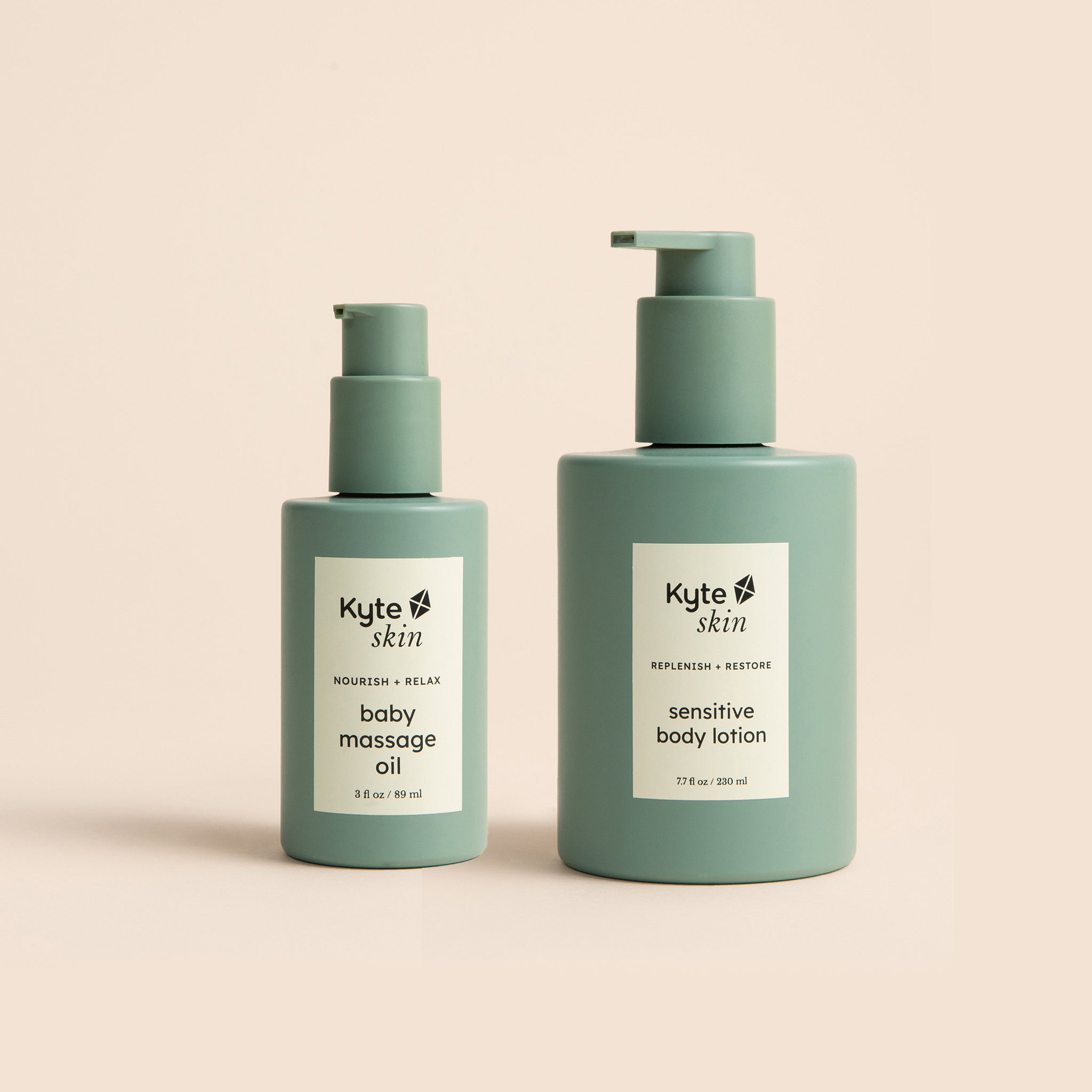 Two bottles of Kyte Skin products on a beige background