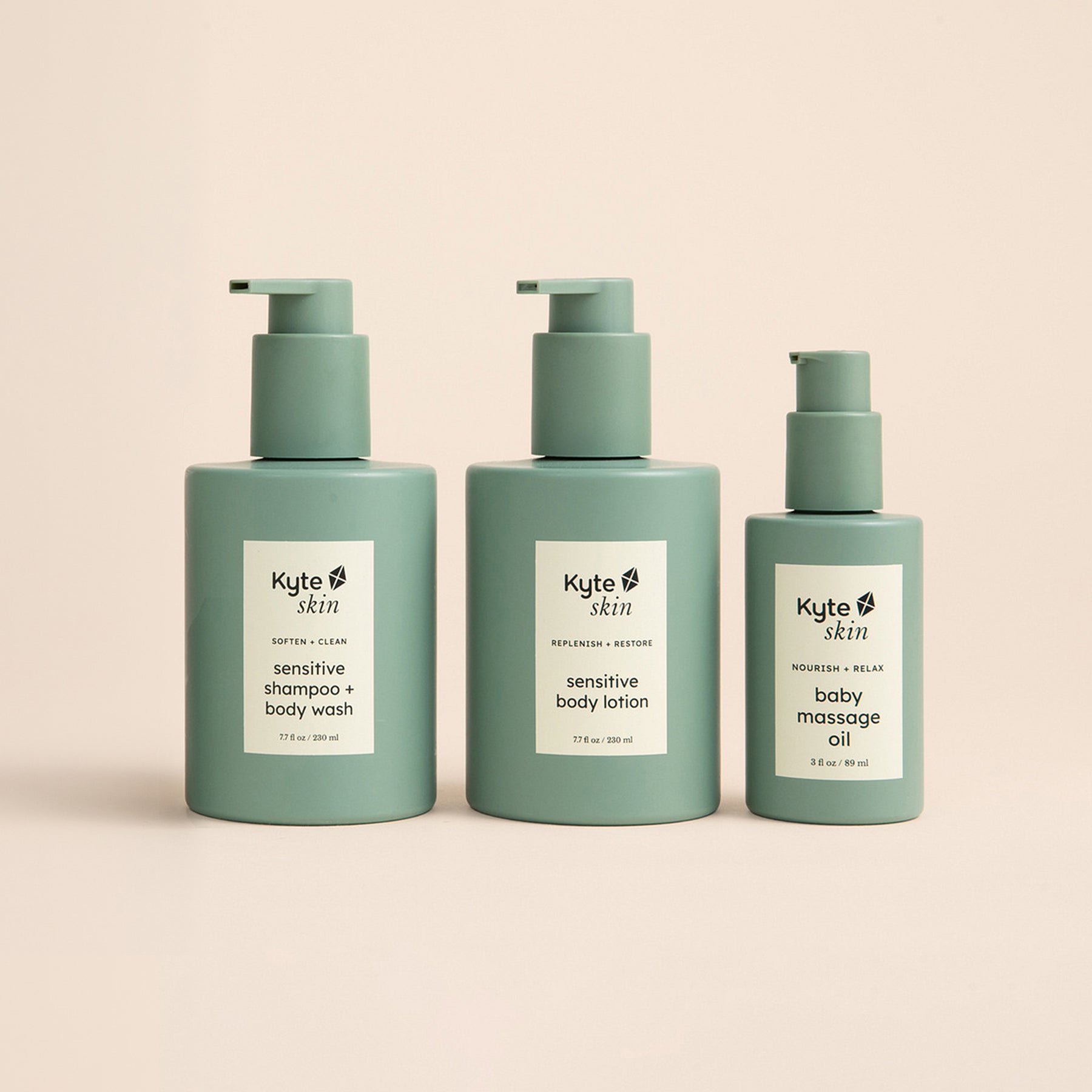 Three bottles of Kyle Skin products on a beige background