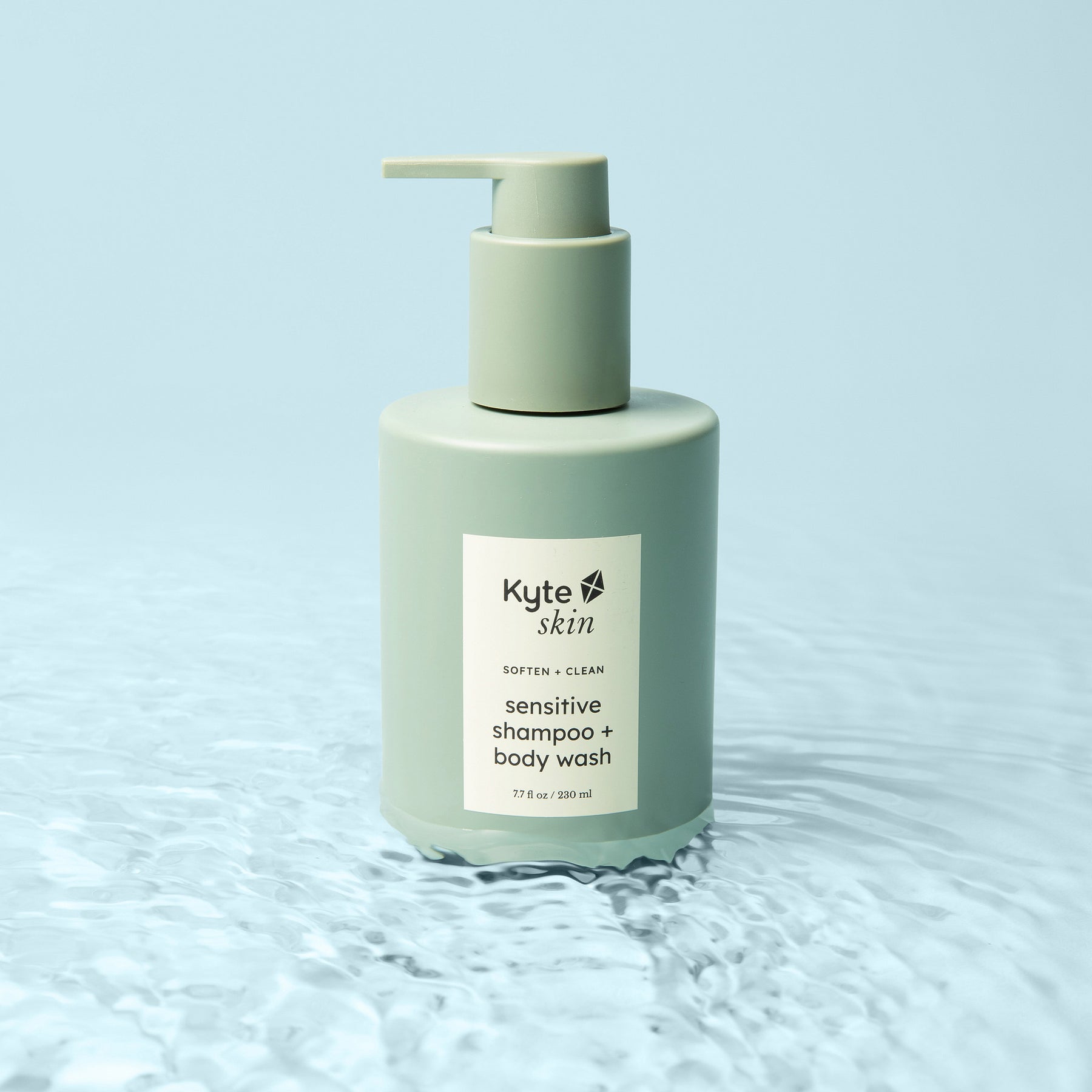 Kyte Skin shampoo and body wash bottle on a light blue background