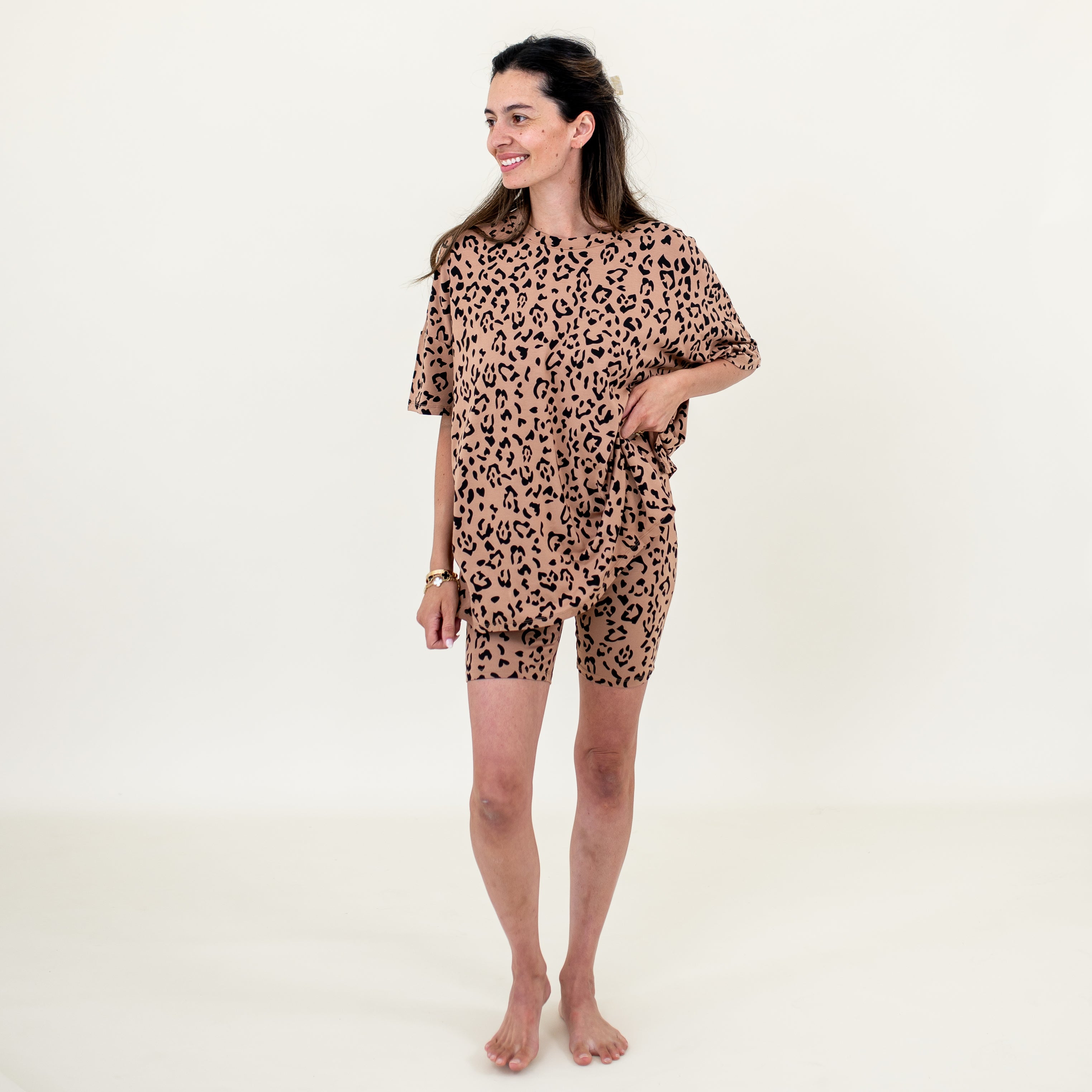 Women’s Biker Short Set in Latte Leopard