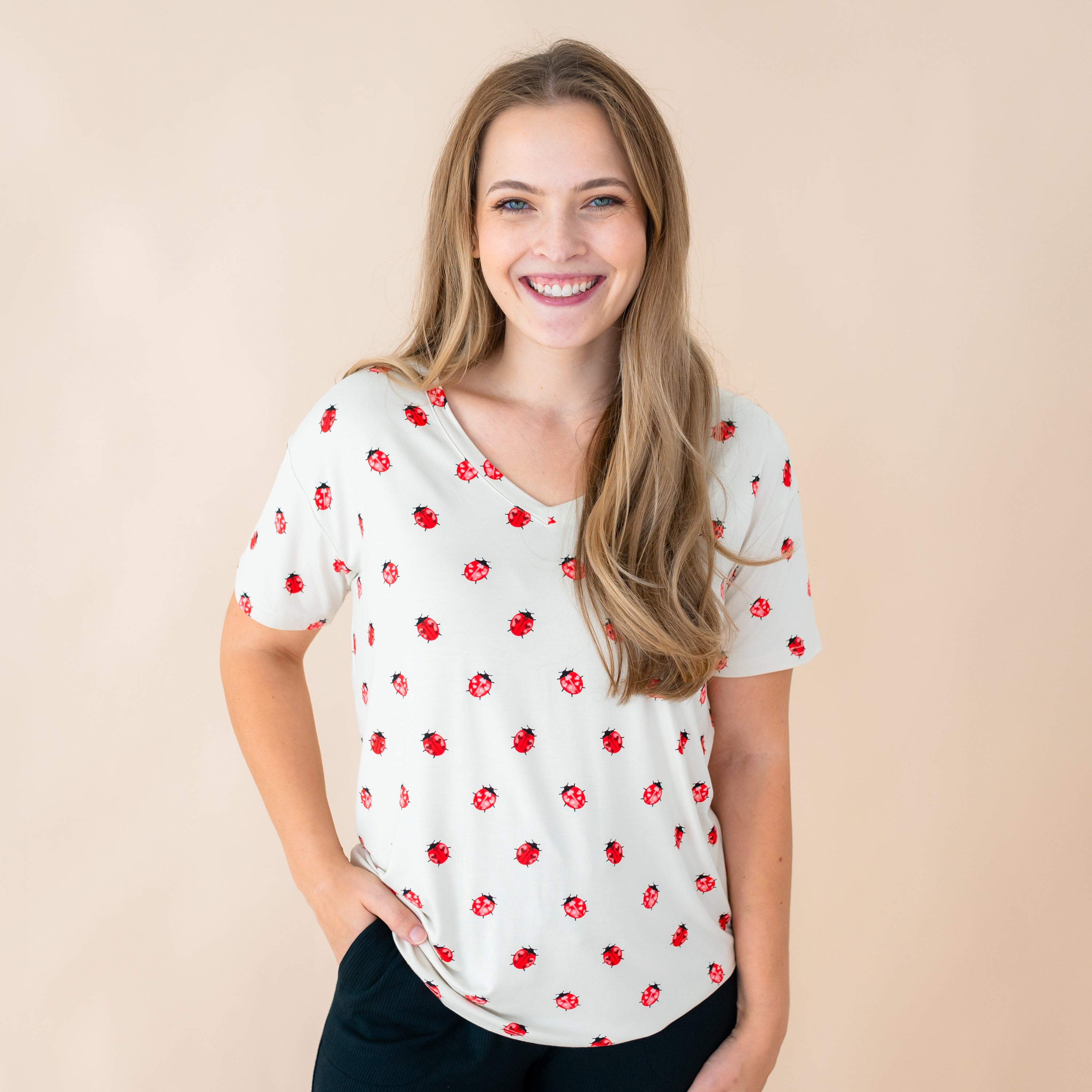 Woman modeling Love Bug v-neck