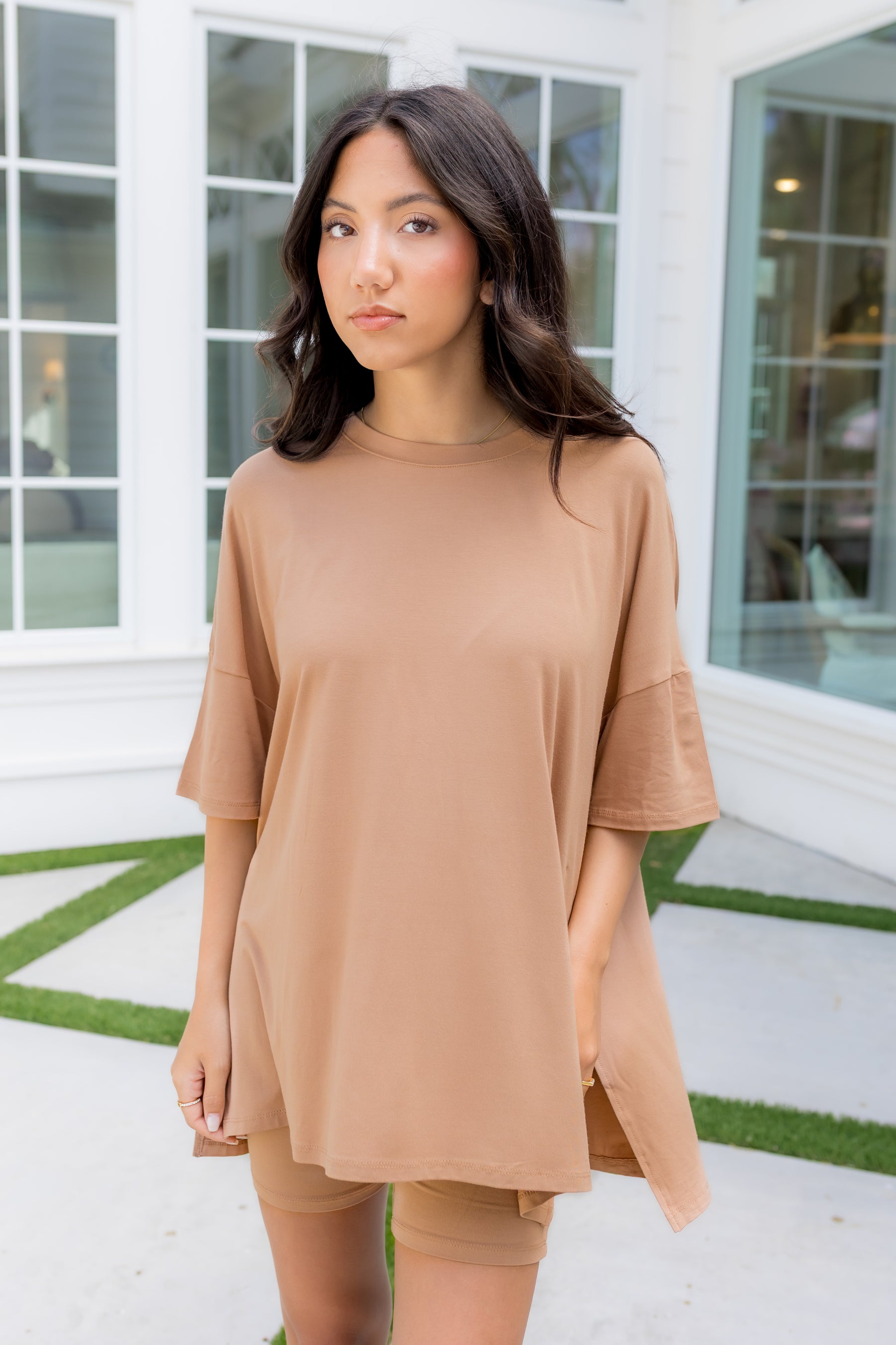 Model wearing the Women’s Biker Short Set in Latte