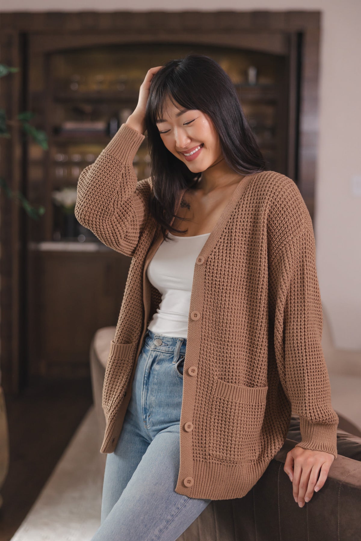 Chunky Knit Women's Waffle Cardigan in Latte