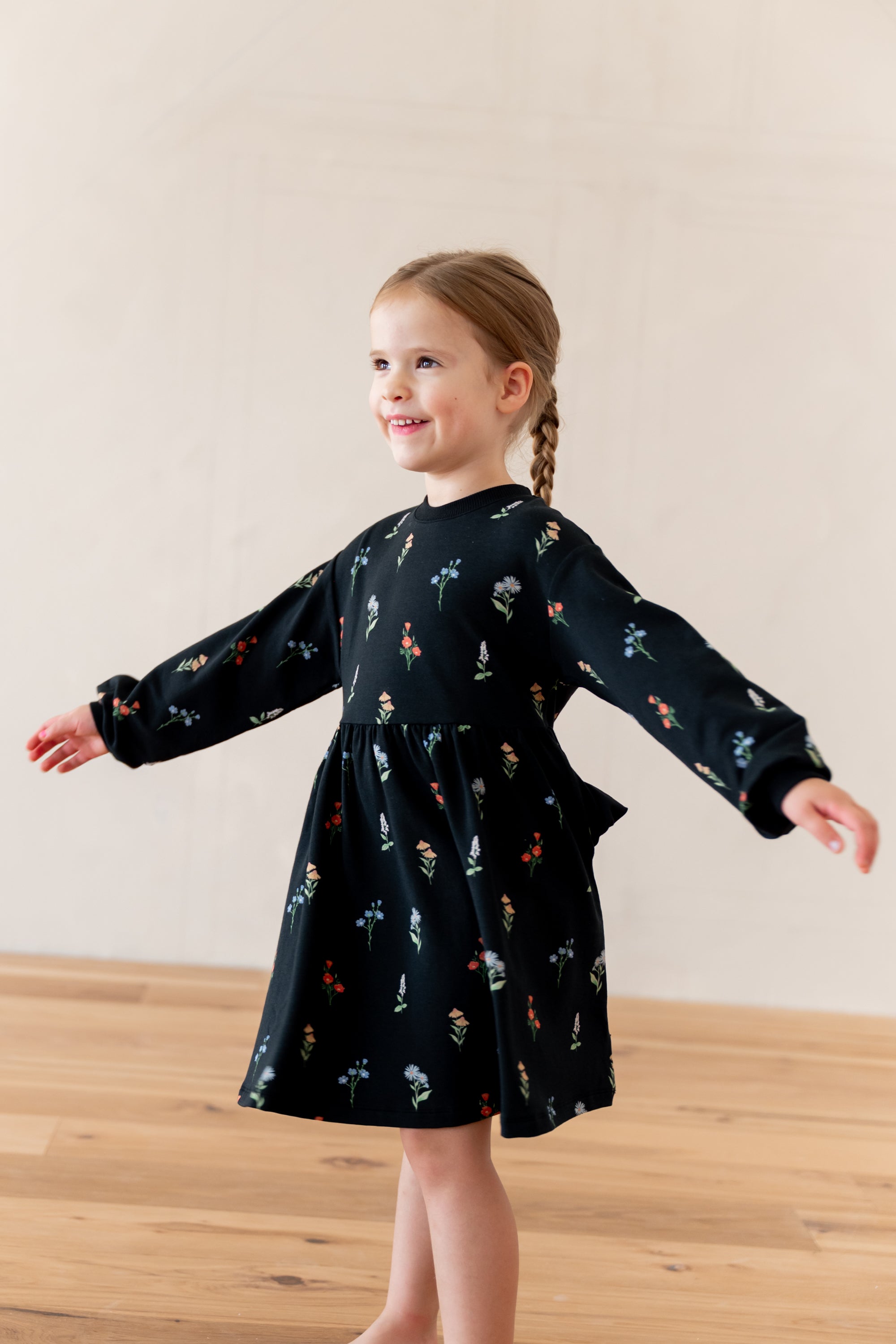 Long Sleeve Skater Dress in Midnight Wildflower