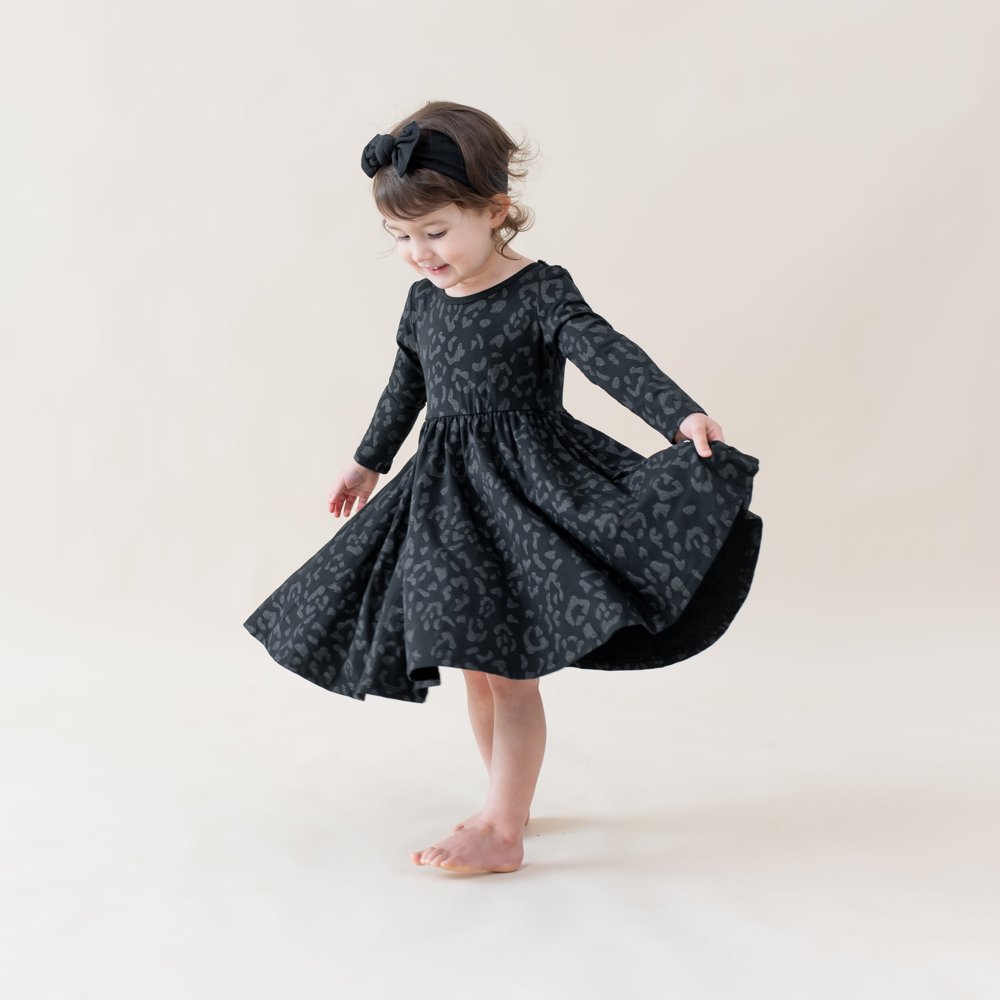 Long Sleeve Twirl Dress in Midnight Leopard