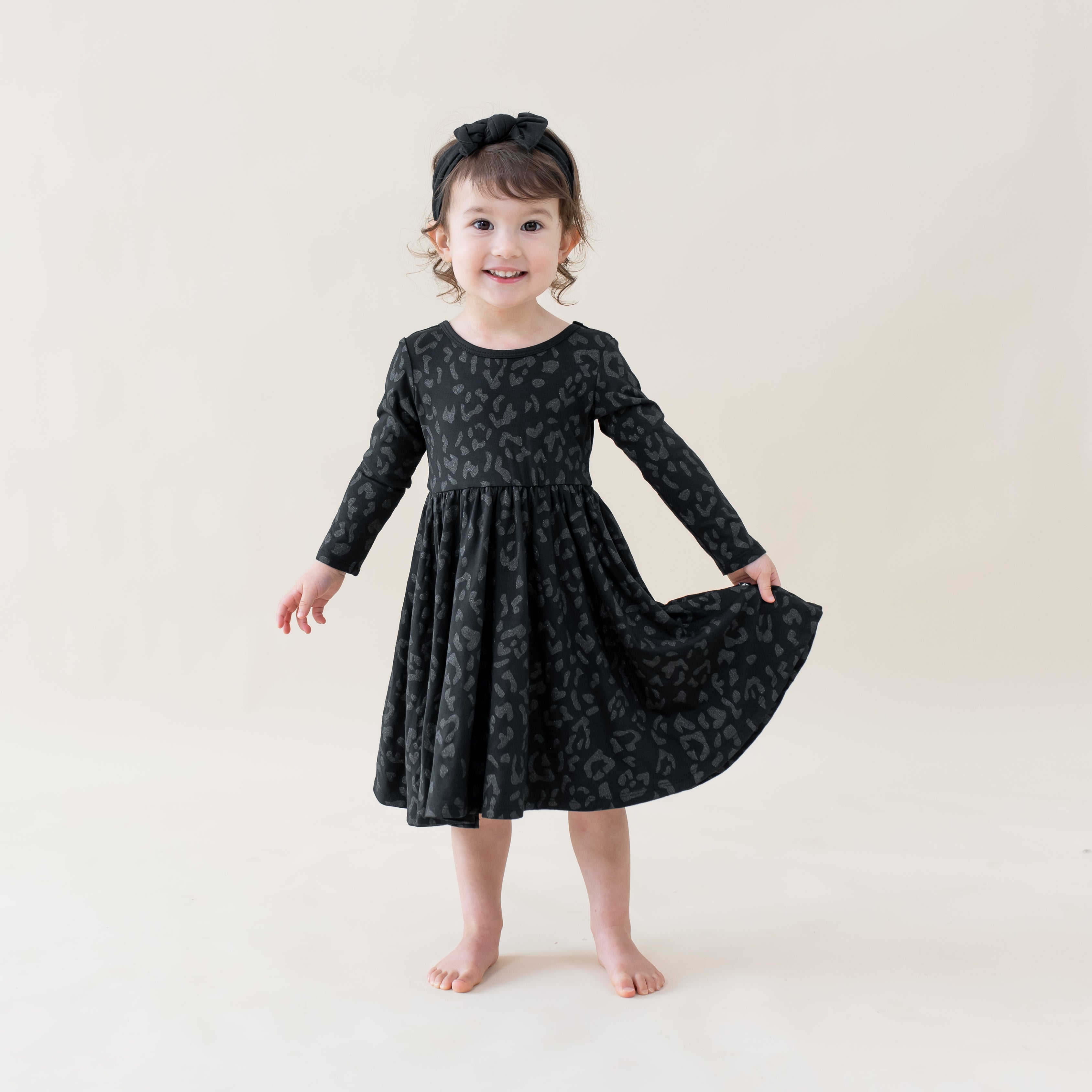 Long Sleeve Twirl Dress in Midnight Leopard