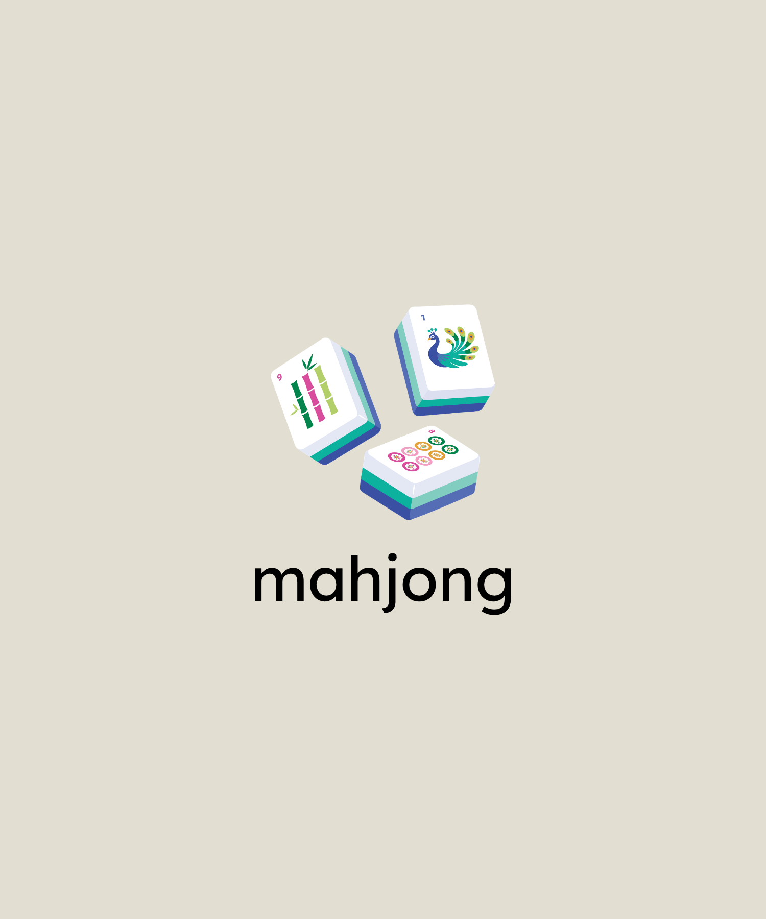 A minimalist graphic on a warm beige background showing three stylized mahjong tiles above the word 'mahjong' in black lowercase text.