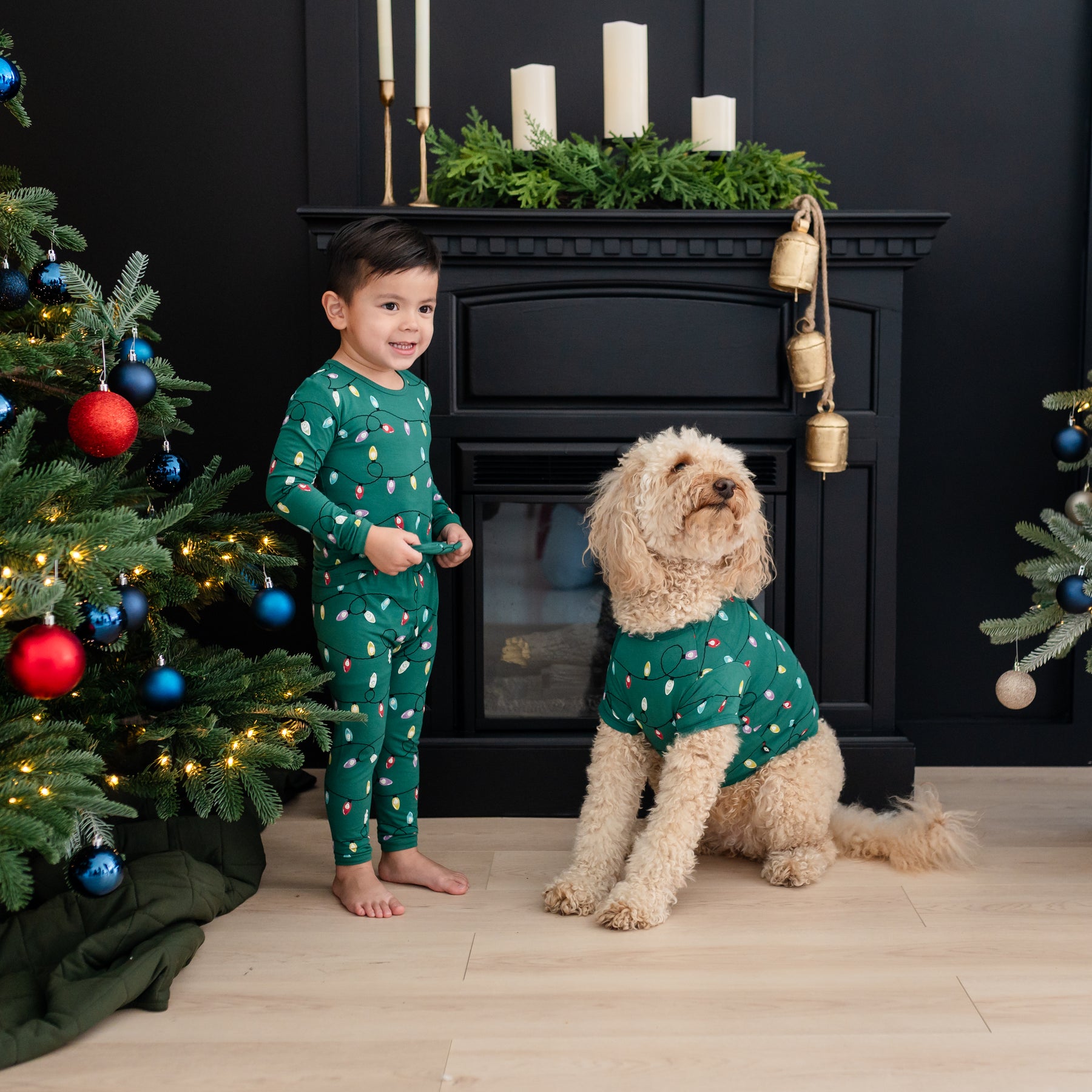 Young toddler wearing the Dog Tee in Merry and Bright standing beside a medium sized dog wearing the matching dog tee both standing beside a decorated Christmas tree