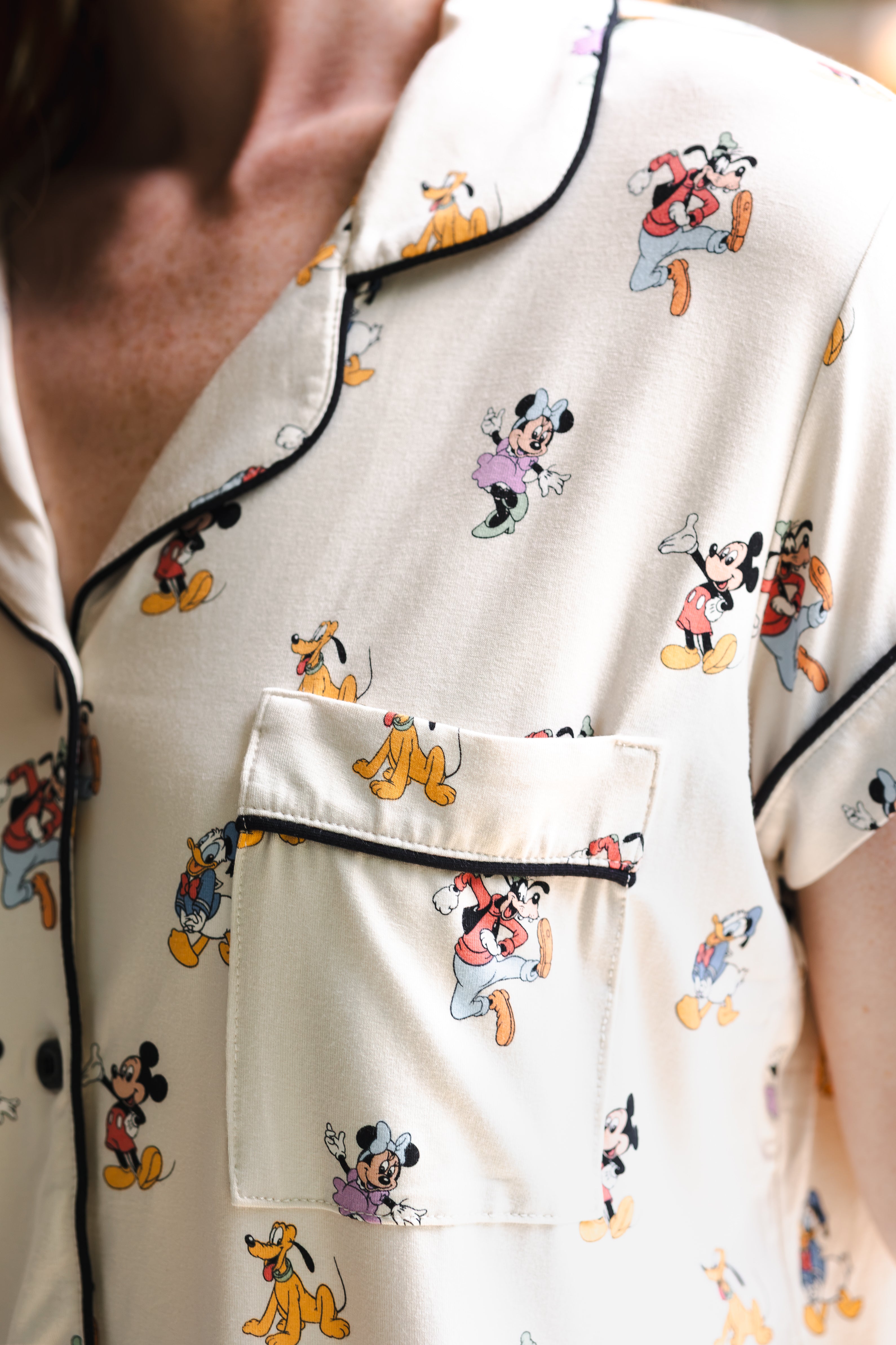 Close up of Women's Short Sleeve Pajama Set with pocket in Mickey Mouse & Friends print