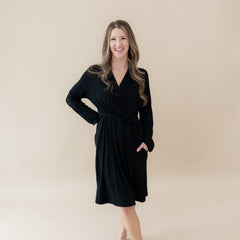 Woman modeling Women’s Lounge Robe in Midnight