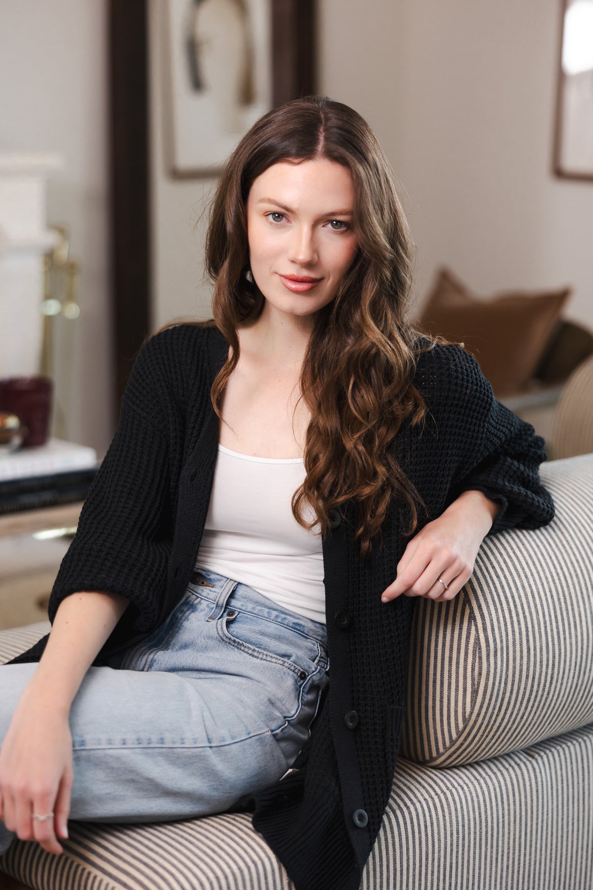 Chunky Knit Women's Waffle Cardigan in Midnight