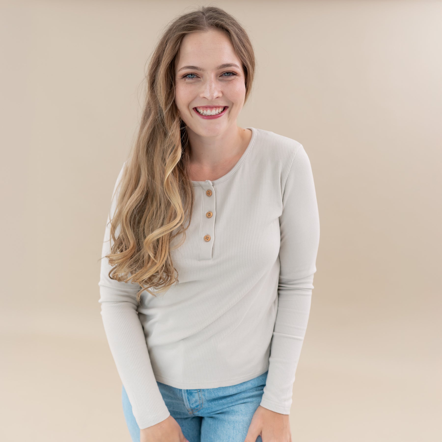 Women's Ribbed Henley Top in Oat Kyte Baby