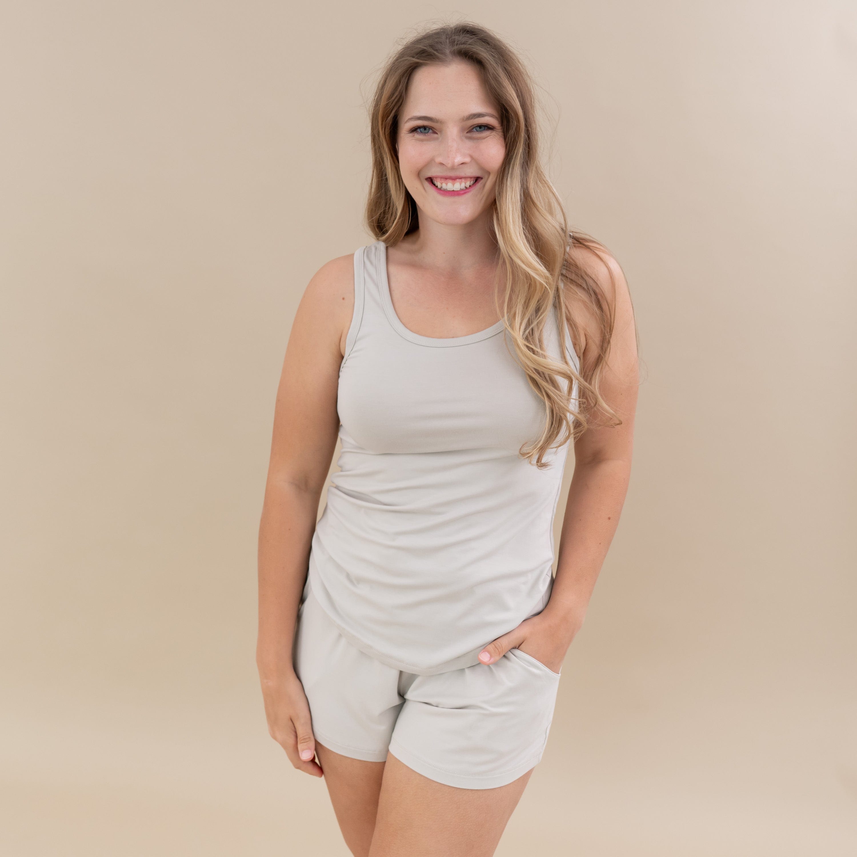 Woman modeling Women’s Tank Set in Oat