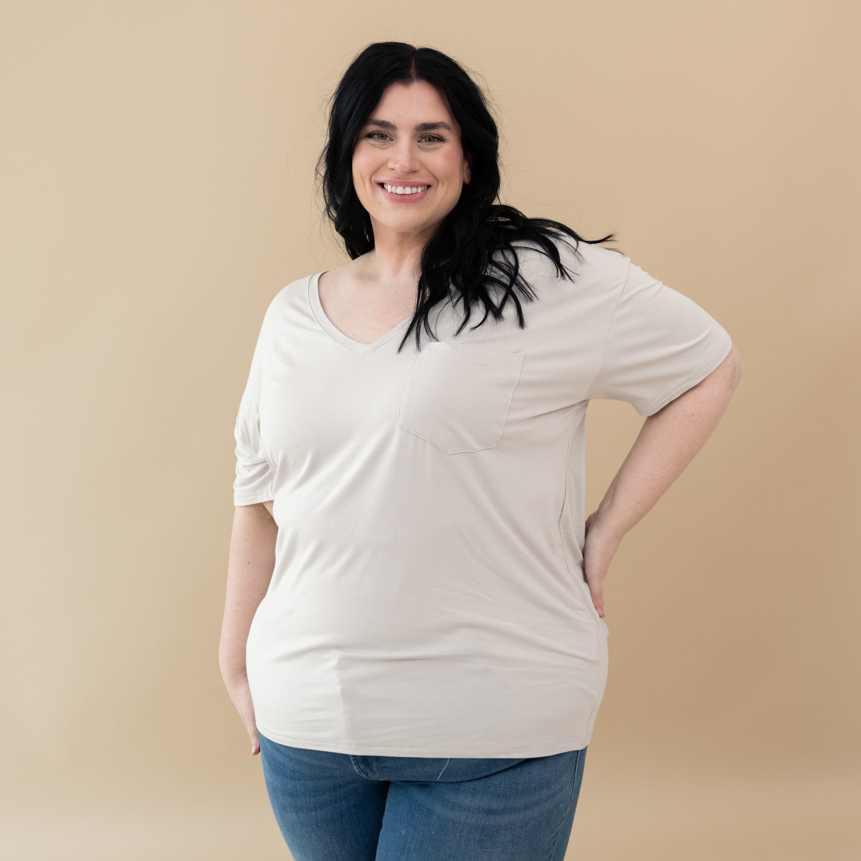 Woman modeling Women’s Relaxed Fit V-Neck in Oat