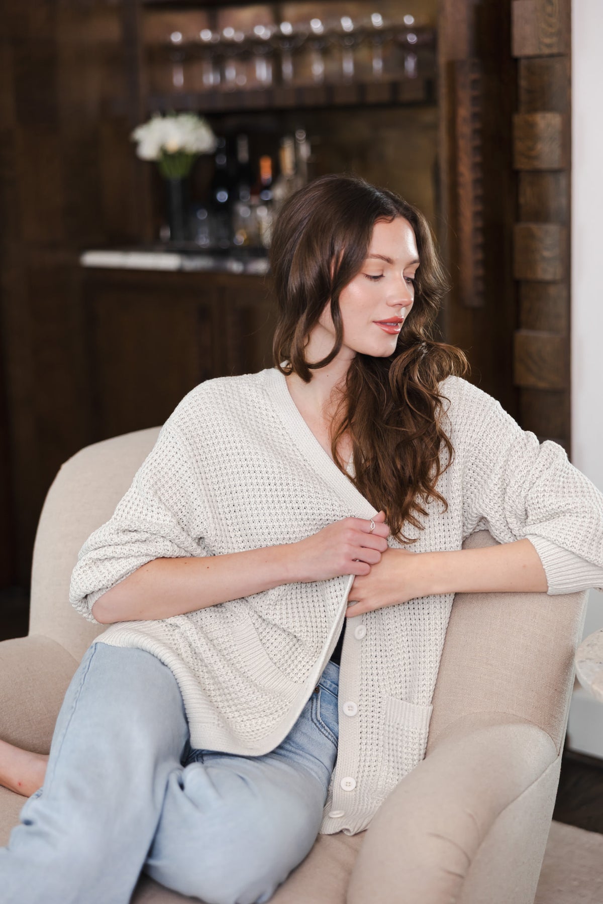 Chunky Knit Women's Waffle Cardigan in Oat