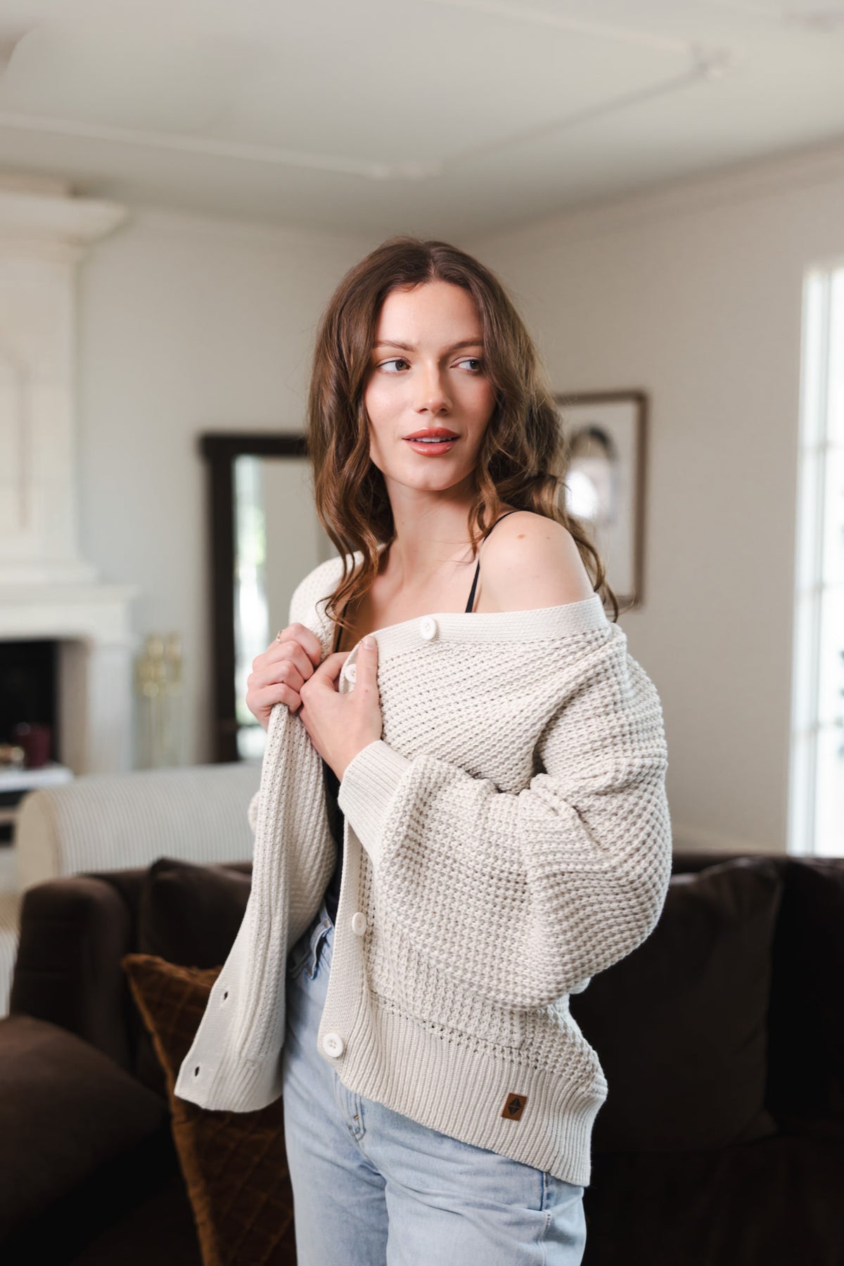 Chunky Knit Women's Waffle Cardigan in Oat