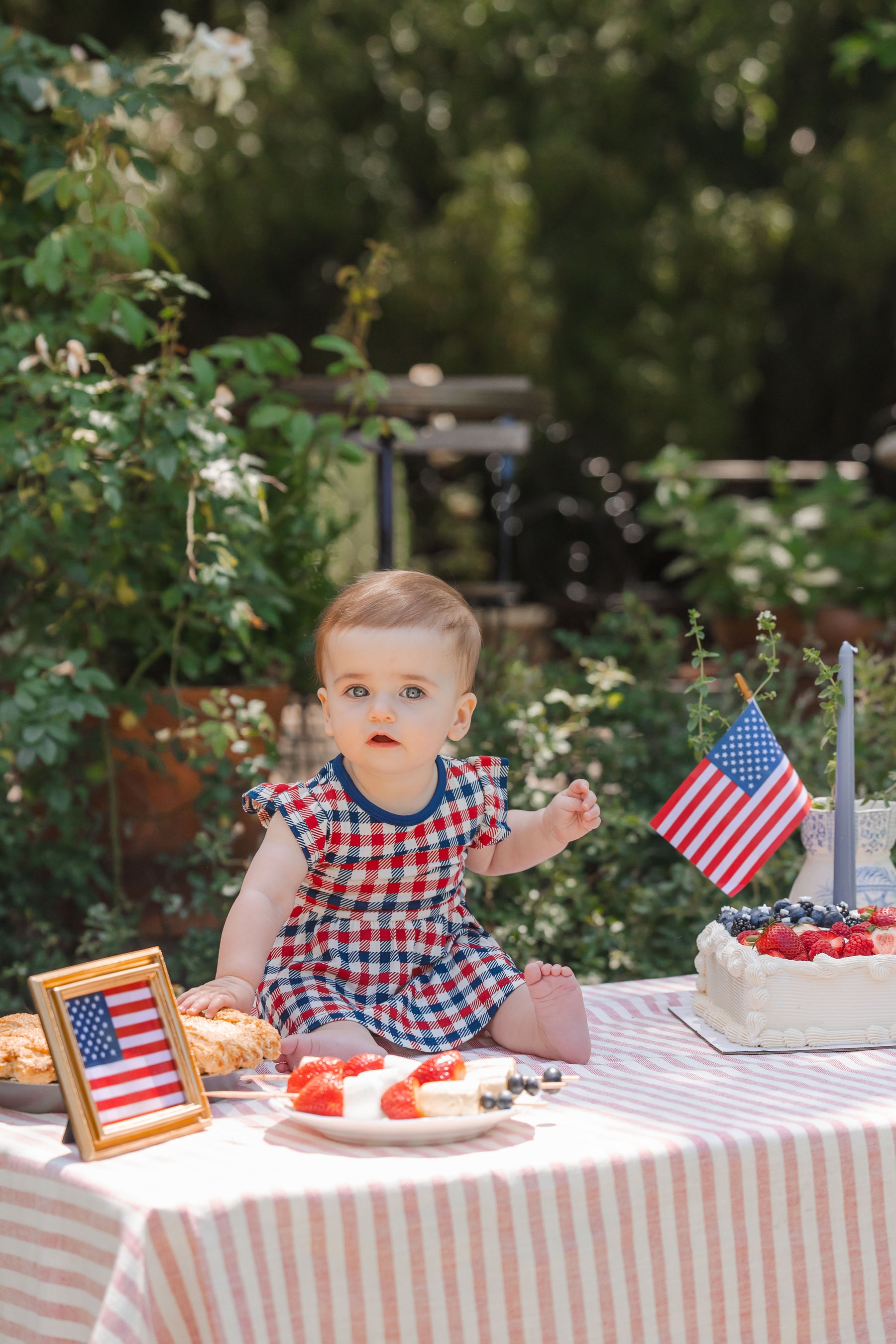 Child sitting outdoors in red blue and white Patriotic Gingham check print Twirl bodysuit dress on a table