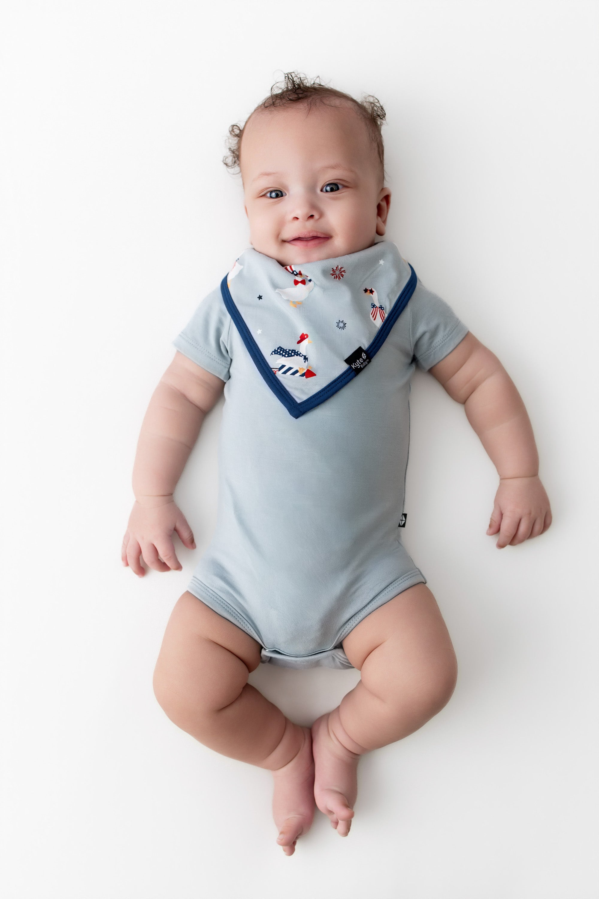 Baby wearing a bib in Patriotic Goose print on light blue fabric with a navy trim over a light blue bodysuit on a white background