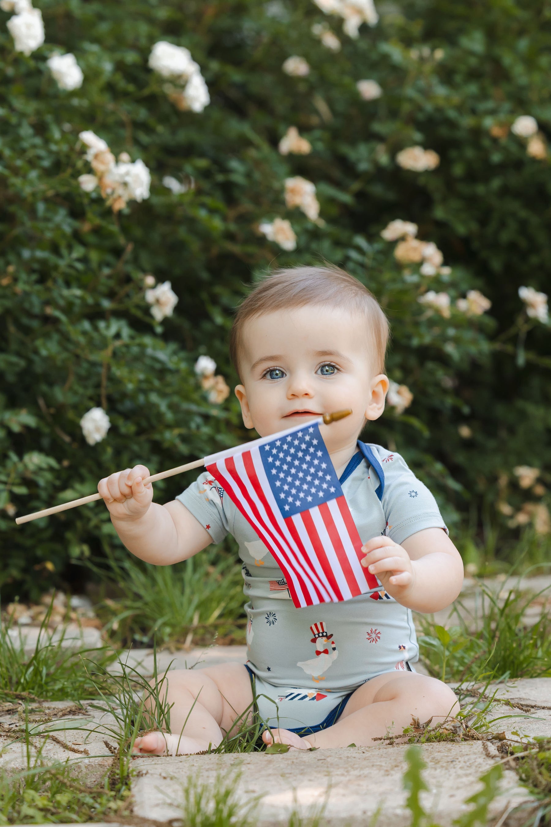Baby sitting in Patriotic Goose print short sleeve bodysuit holding a flag outdoors on a grass