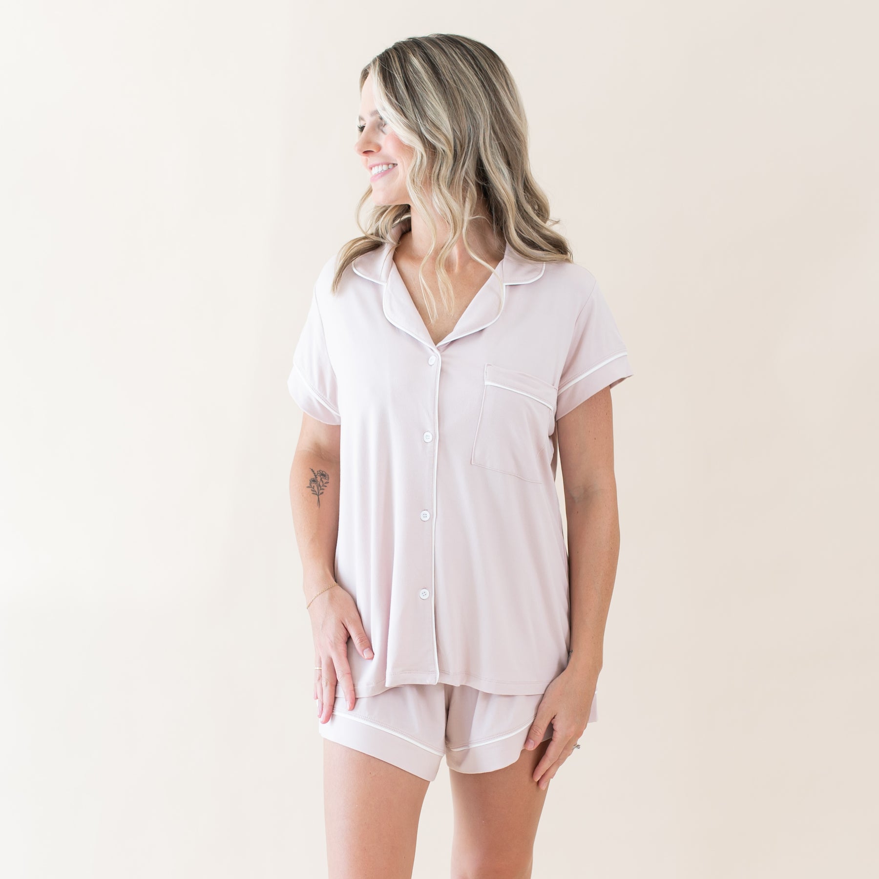 Women’s Short Sleeve Pajama Set in Blush with Cloud Trim