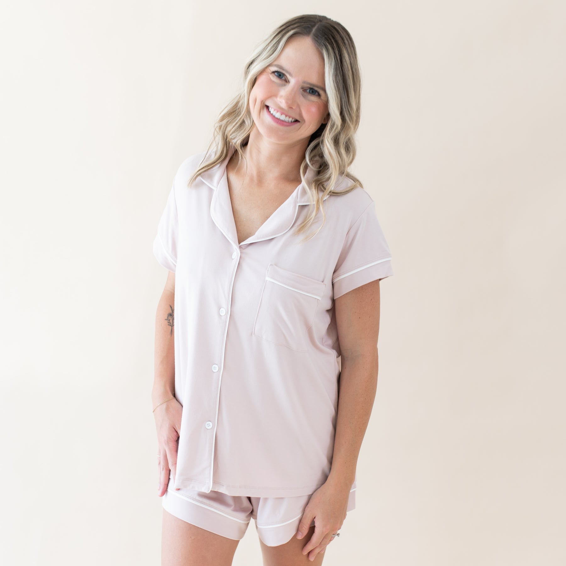 Women’s Short Sleeve Pajama Set in Blush with Cloud Trim