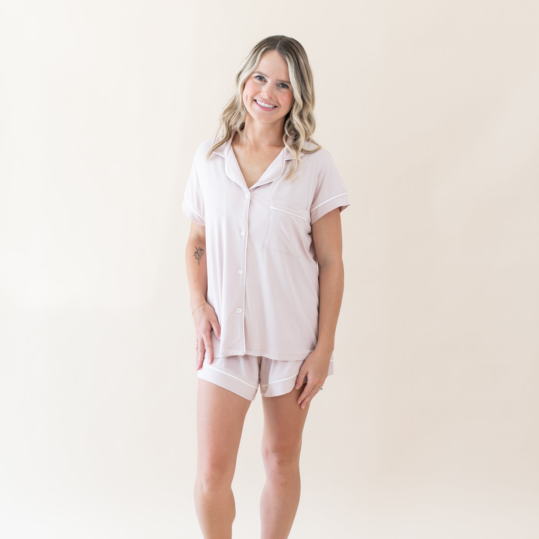 Women’s Short Sleeve Pajama Set in Blush with Cloud Trim