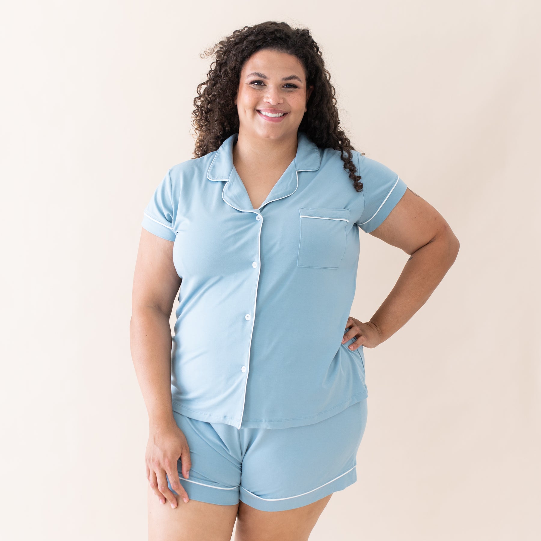 Women’s Short Sleeve Pajama Set in Dusty Blue with Cloud Trim