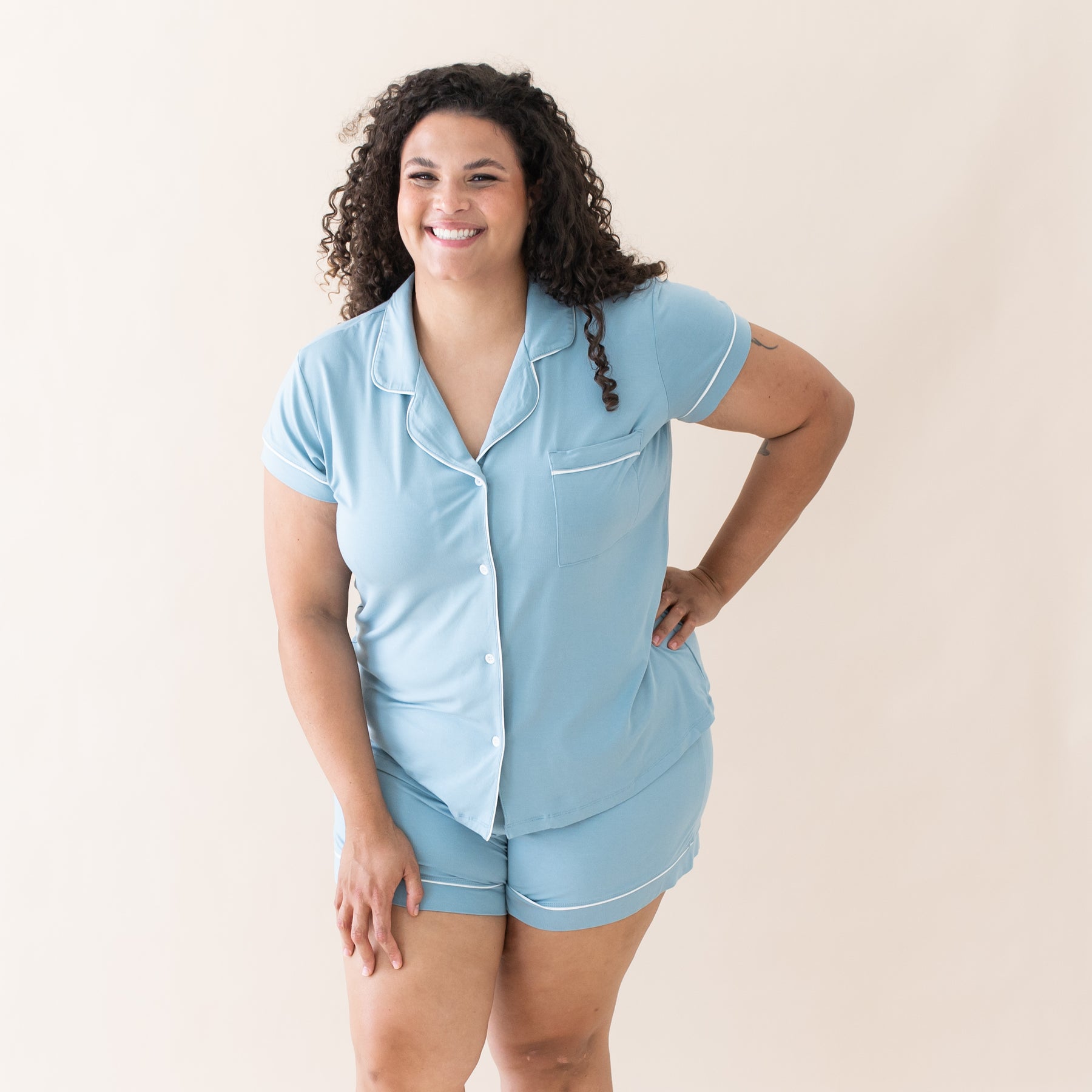 Women’s Short Sleeve Pajama Set in Dusty Blue with Cloud Trim