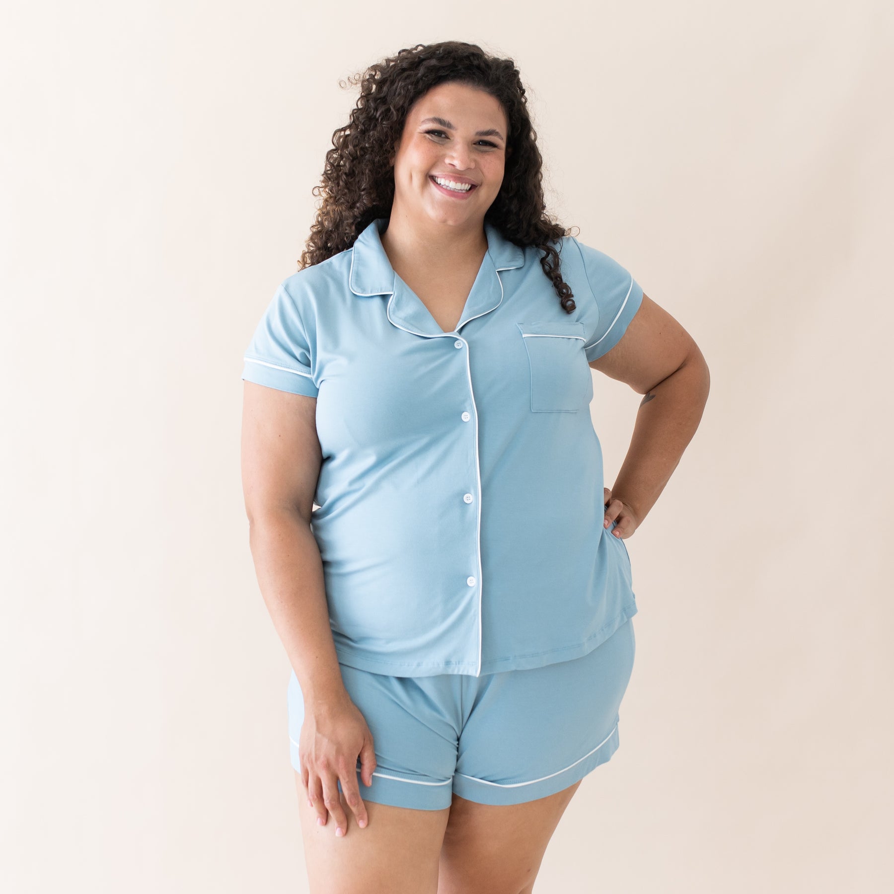 Women’s Short Sleeve Pajama Set in Dusty Blue with Cloud Trim