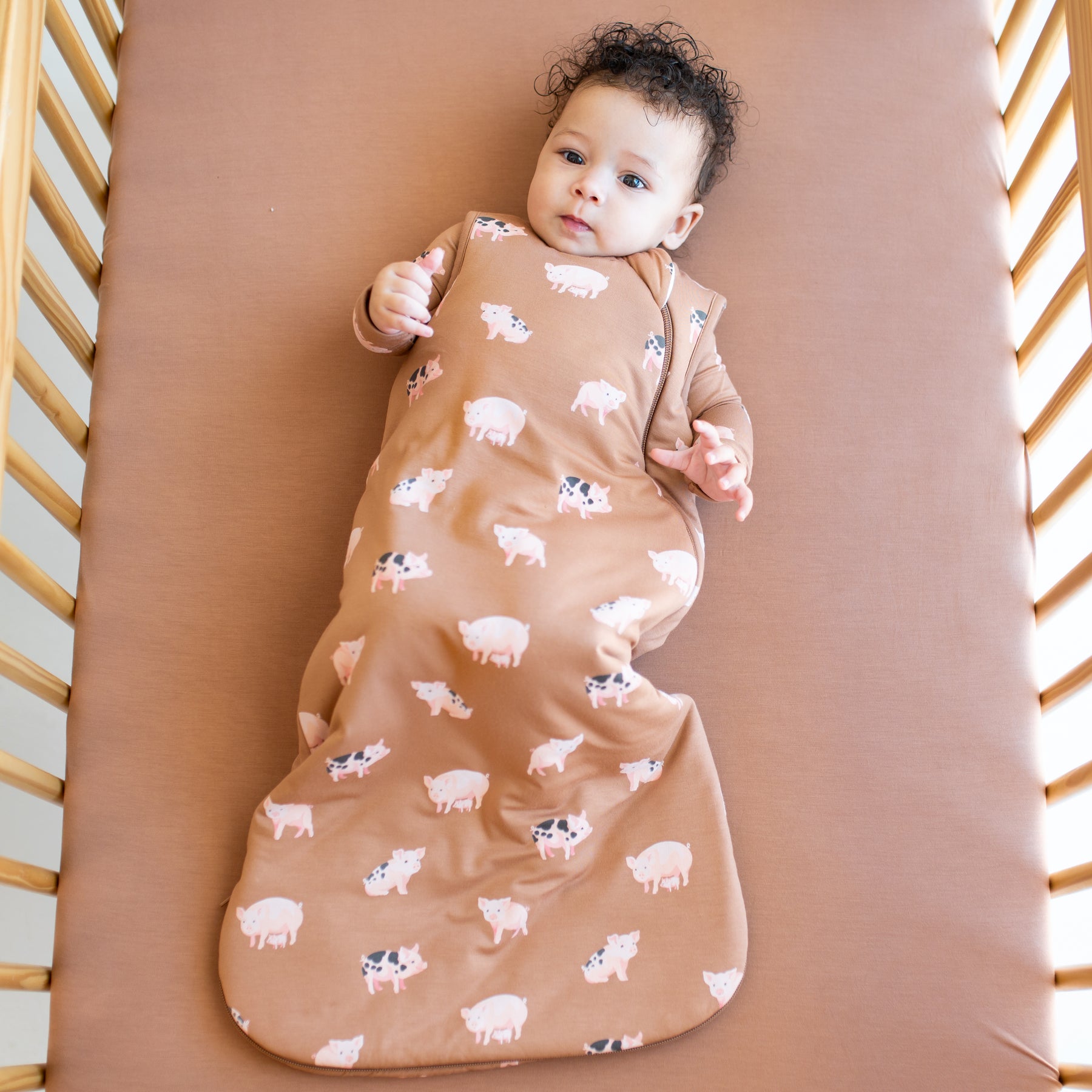 Infant wearing Sleep Bag in Pig 1.0 with matching farm animal pajamas