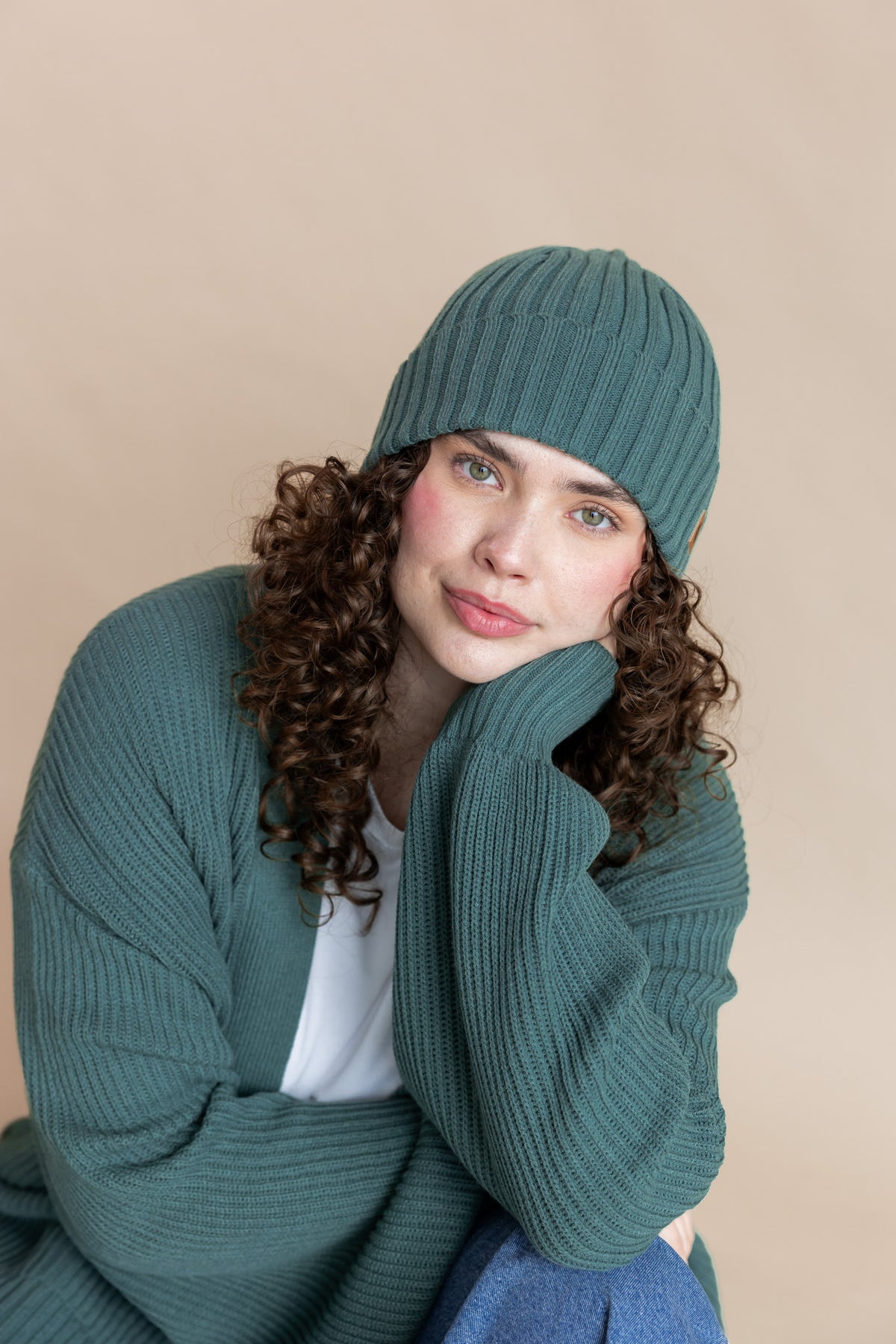 Chunky Knit Adult Ribbed Beanie in Pine