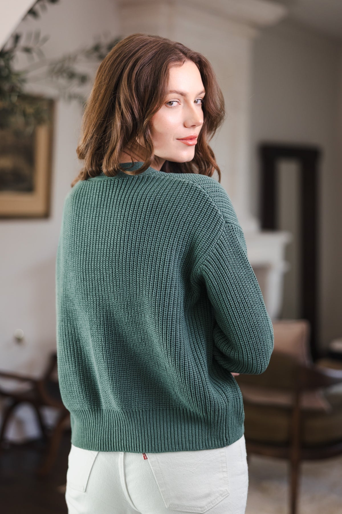 Chunky Knit Women's Cropped Cardigan In Pine