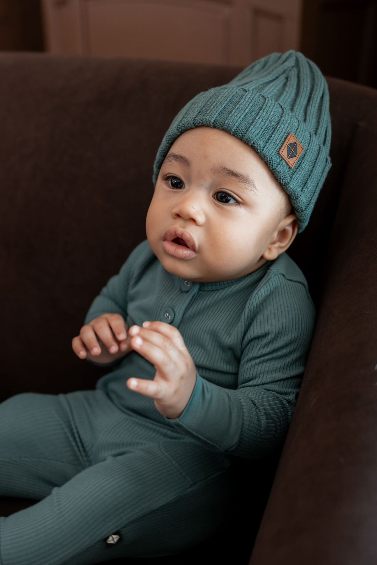 Chunky Knit Ribbed Beanie in Pine