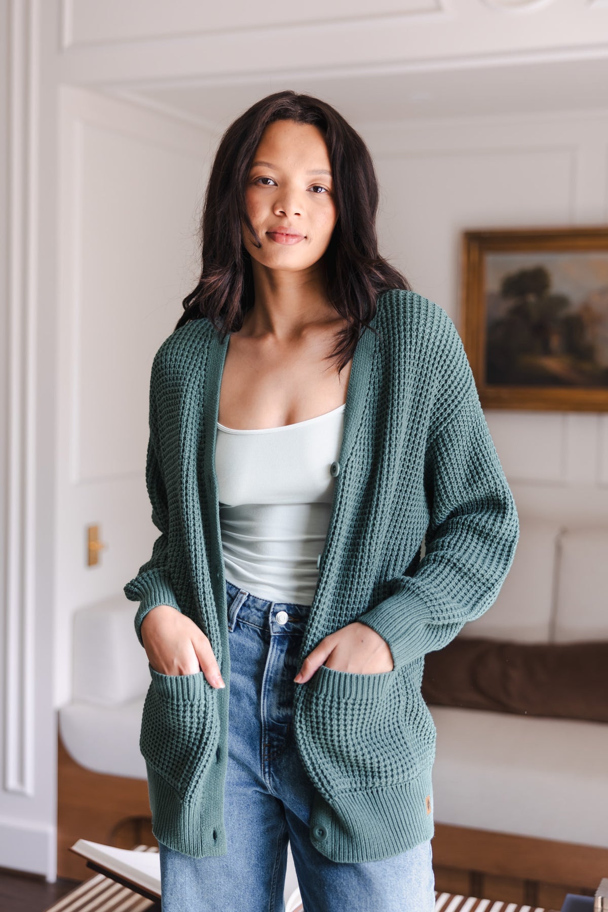 Chunky Knit Women's Waffle Cardigan In Pine