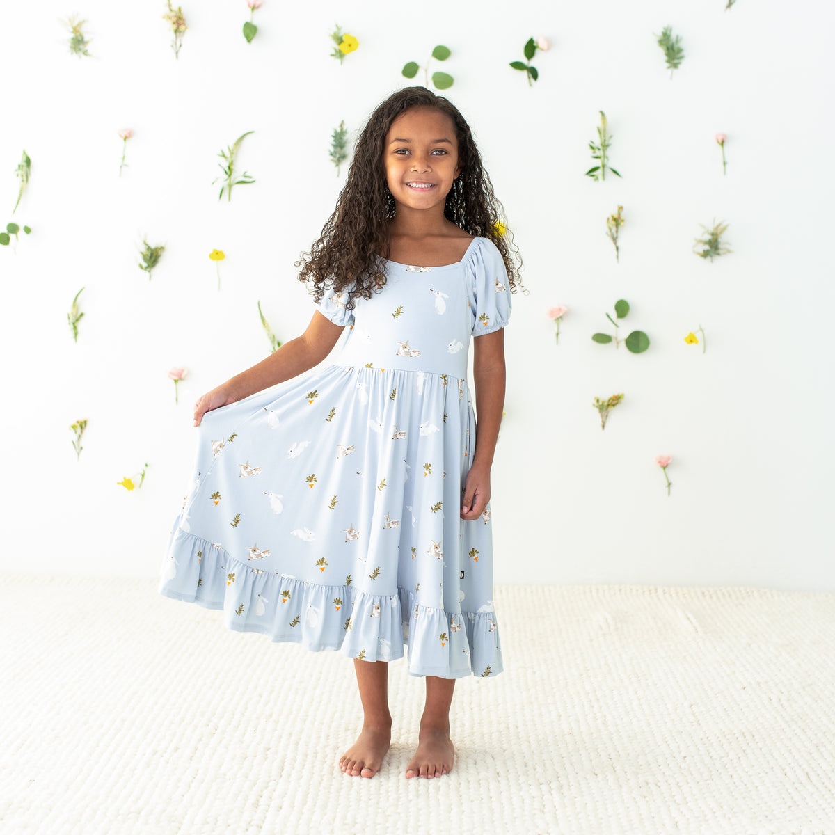 Child modeling Puff Sleeve Twirl Dress in Ice Rabbit