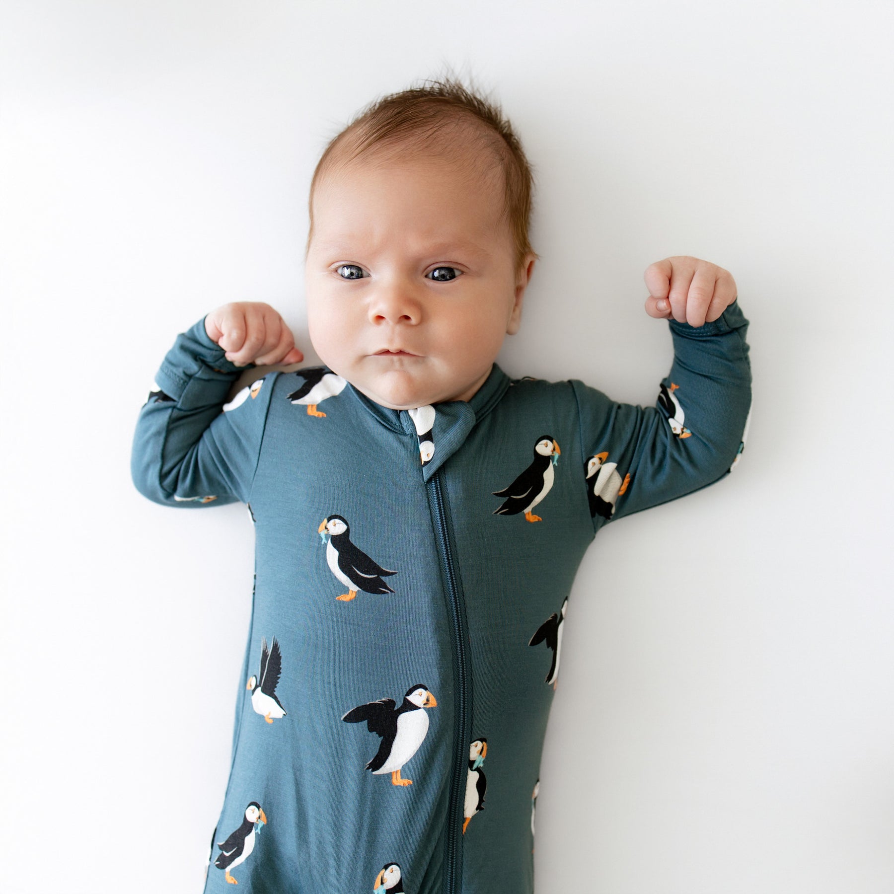 Close up of the Zippered Romper in Puffin shown on an infant