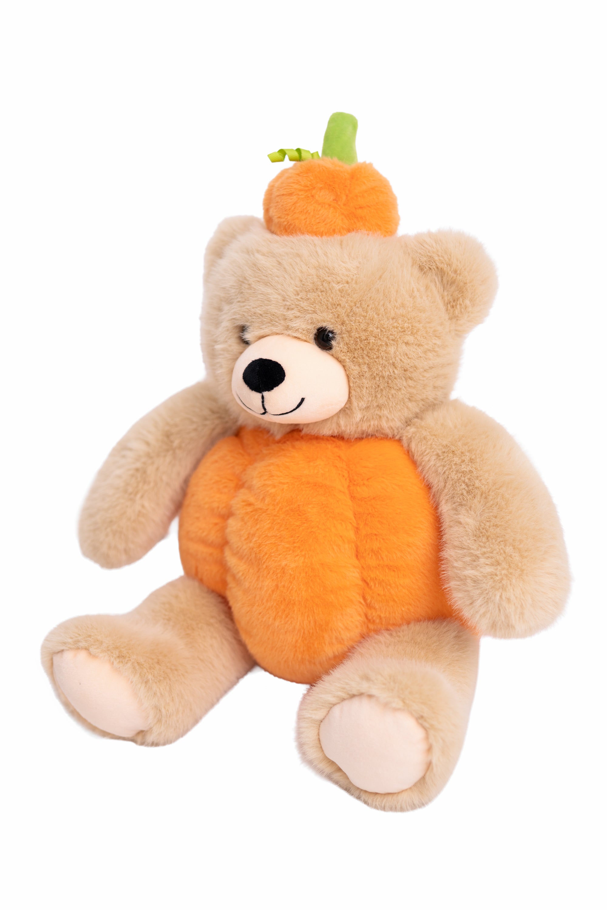 A plush teddy bear in light tan with a bright orange pumpkin-shaped belly and a small orange pumpkin topper on its head, shown against a plain white background.