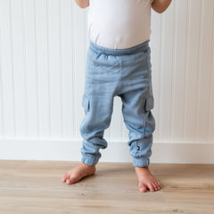 Close up of the Fleece Cargo Pants in Slate shown on a toddler
