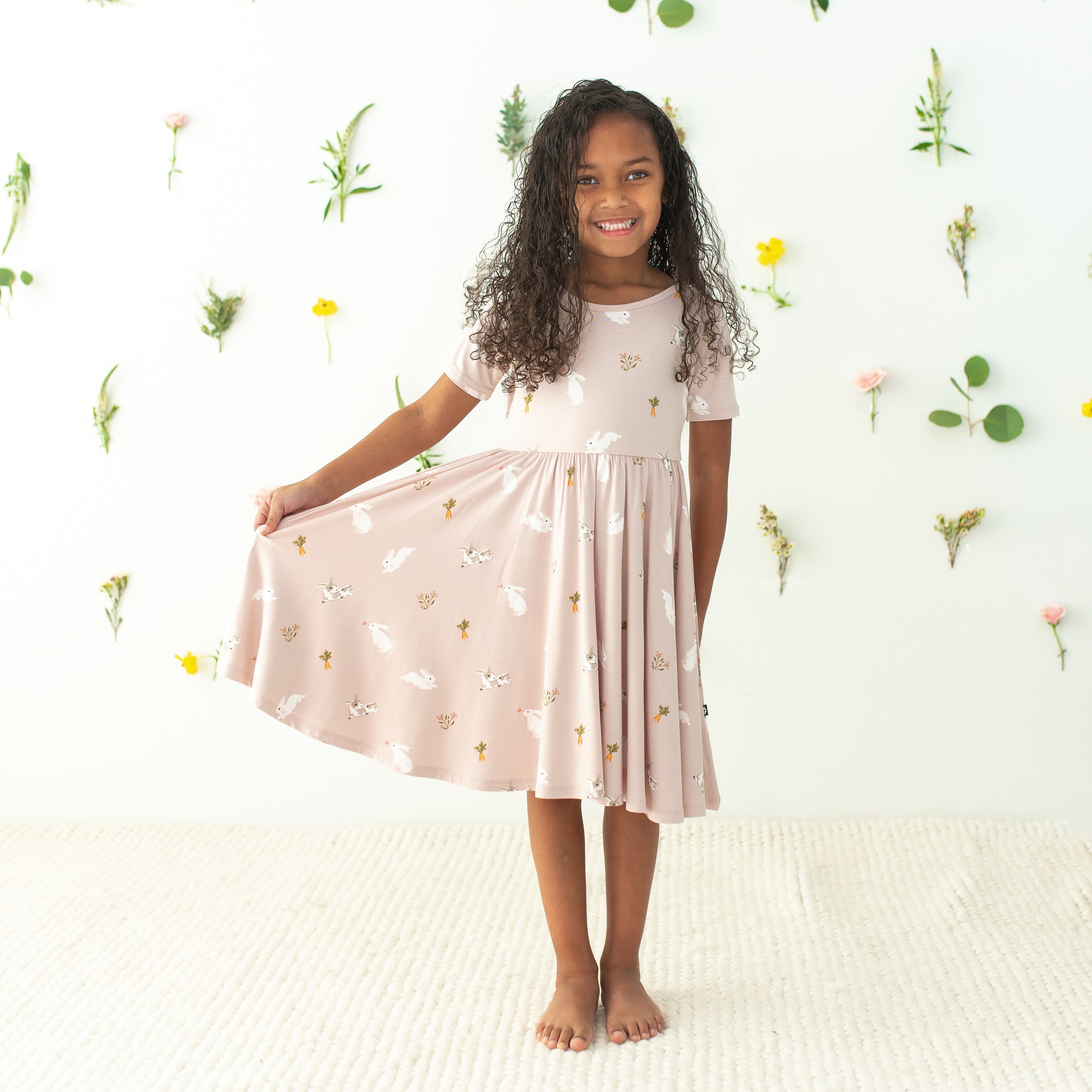 toddler wearing Twirl Dress in Blush Rabbit