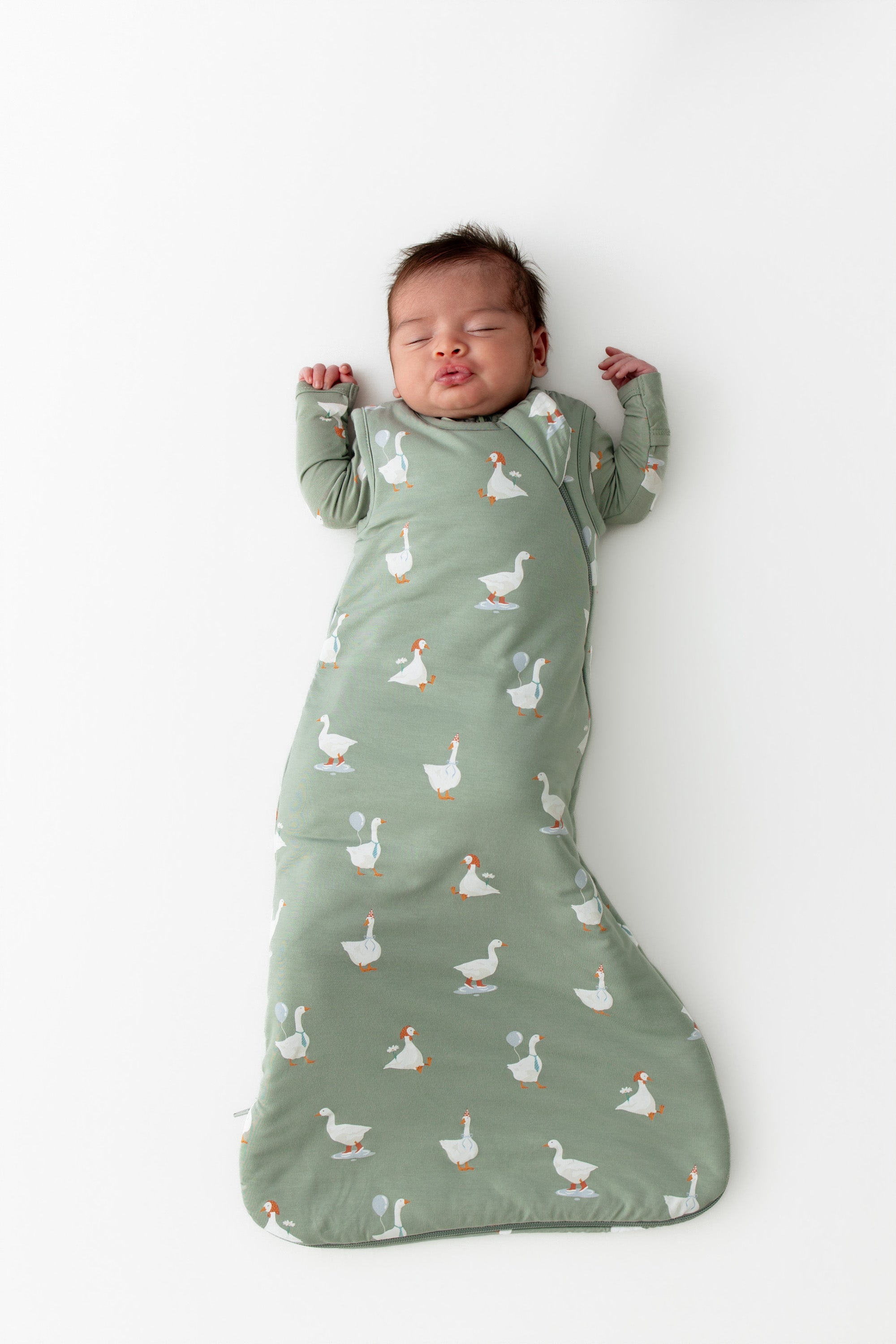 Newborn baby sleeping in a green slepe bag with goose pattern on a white background
