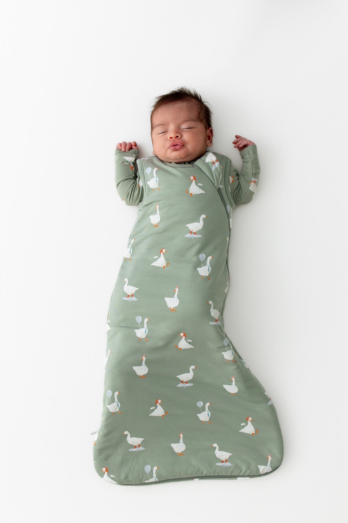 Newborn baby sleeping in a green slepe bag with goose pattern on a white background