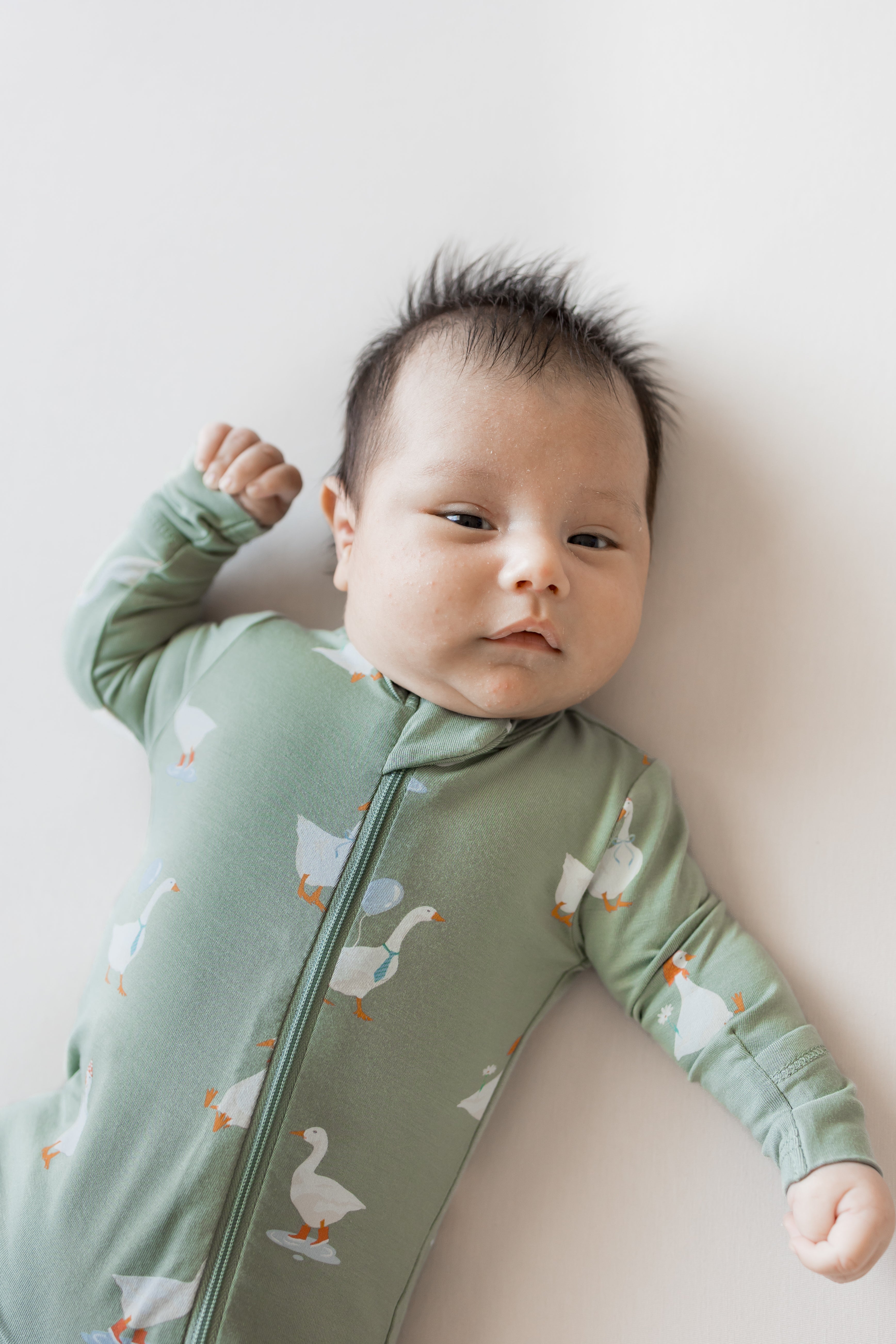Close up of Baby wearing Zippered Romper in Silly Goose print on a beige background