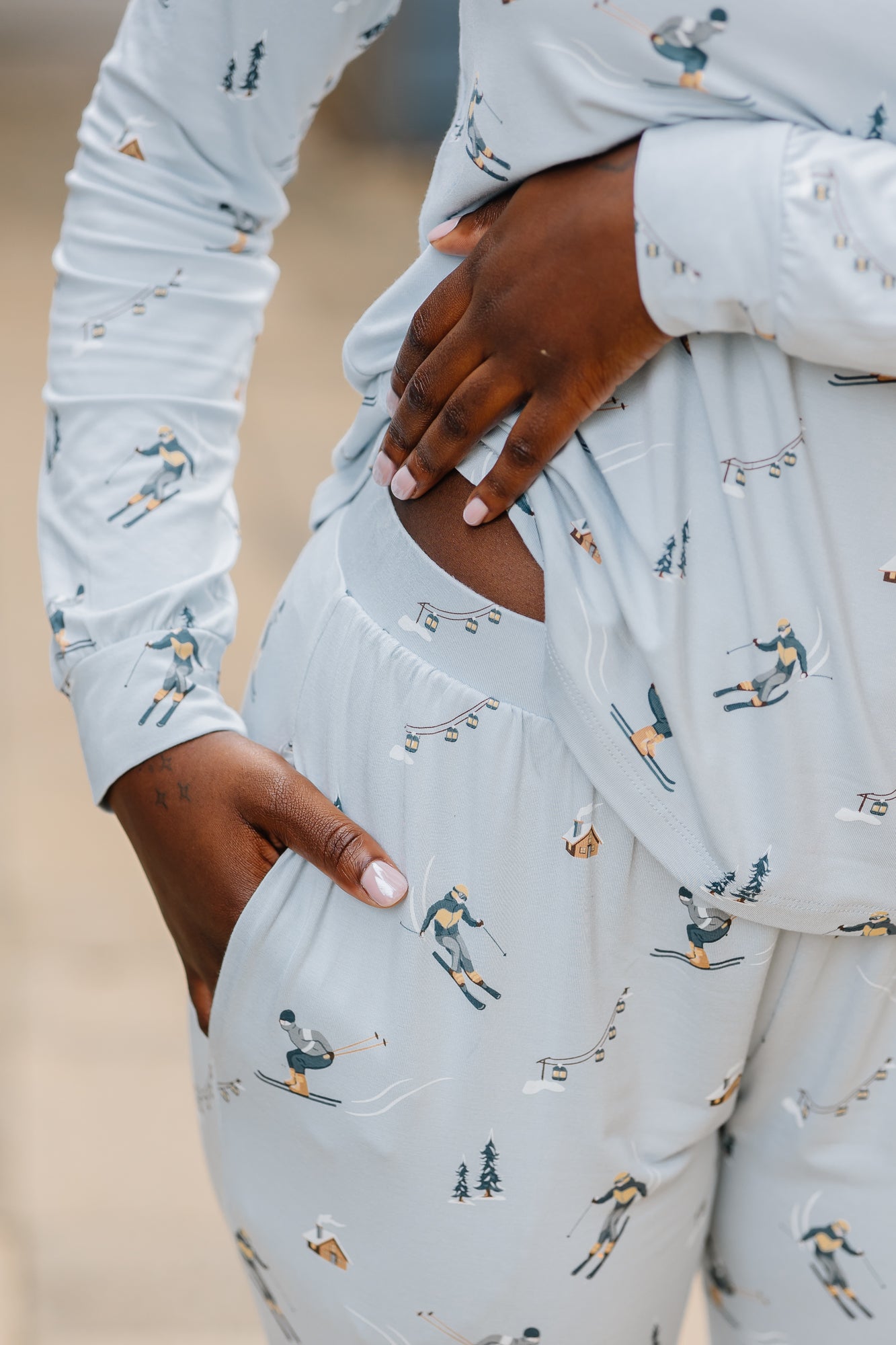 Close up of the waistband and pocket on the pants of the Women's Jogger Pajama Set in Ski