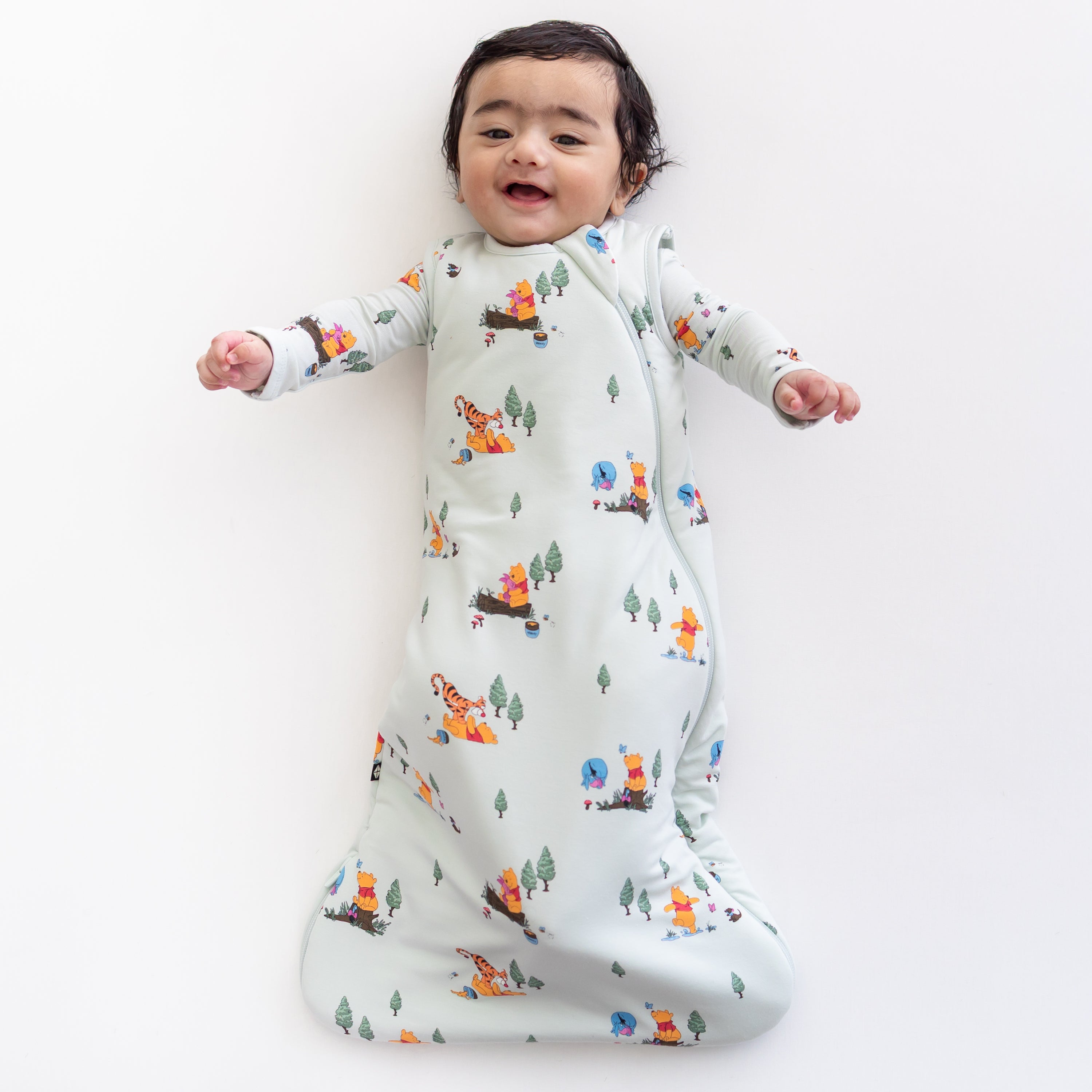 Young infant wearing the Sleep Bag in Winnie the Pooh Hundred Acre Wood 1.0 with a matching romper on underneath