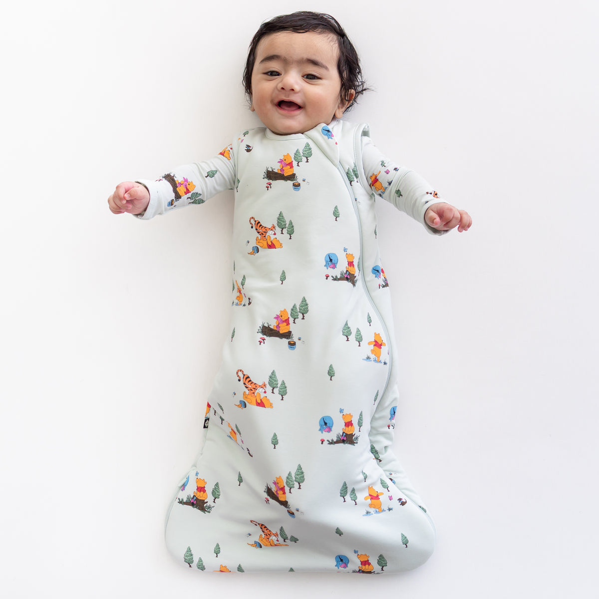 Young infant wearing the Sleep Bag in Winnie the Pooh Hundred Acre Wood 1.0 with a matching romper on underneath