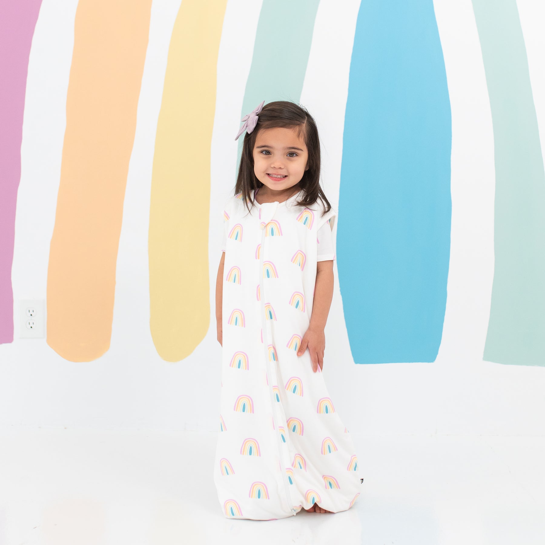 Toddler modeling Sleep Bag Walker in Poi Rainbow 1.0