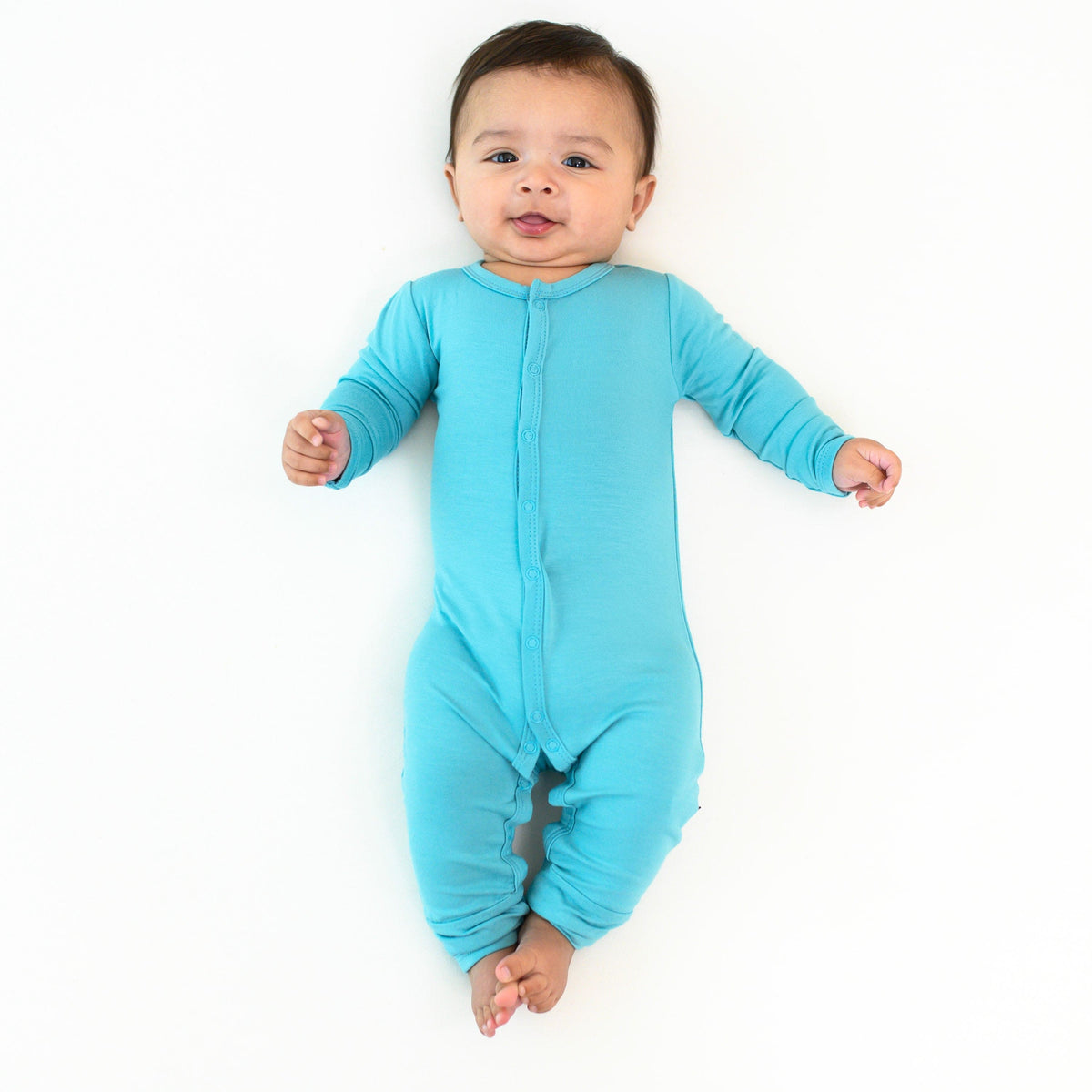 baby modeling snap romper in makai