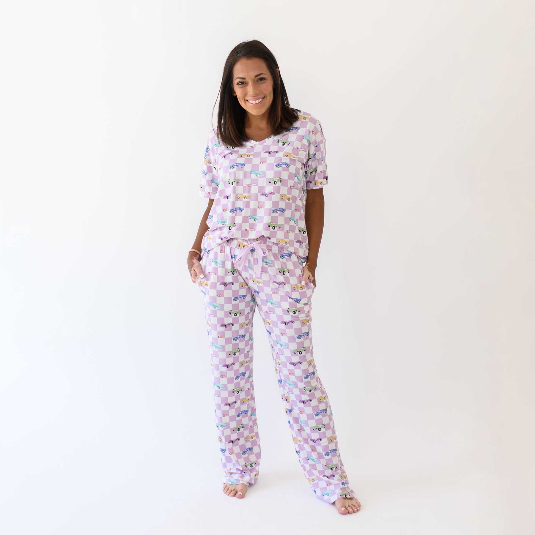 Woman modeling Women's Relaxed Fit V-Neck in Fast and Fierce and matching pants