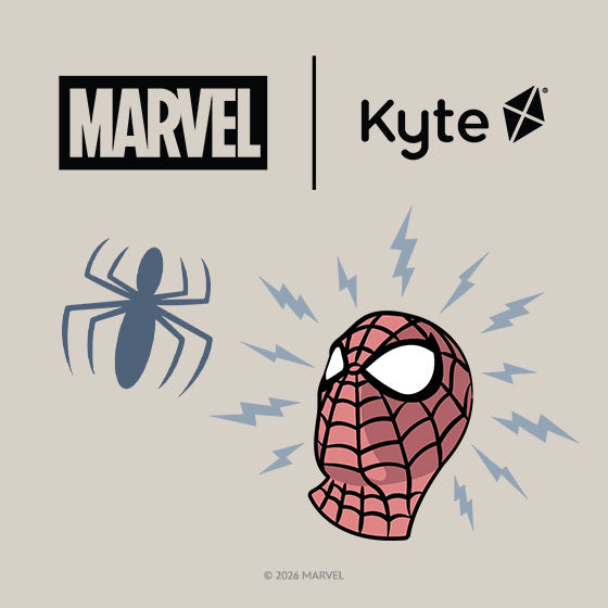 A graphic design featuring Marvel branding, a stylized spider icon, and a pink-and-black Spider-Man-style mask surrounded by blue lightning bolts on a beige background, with Marvel and Kyte logos at the top.